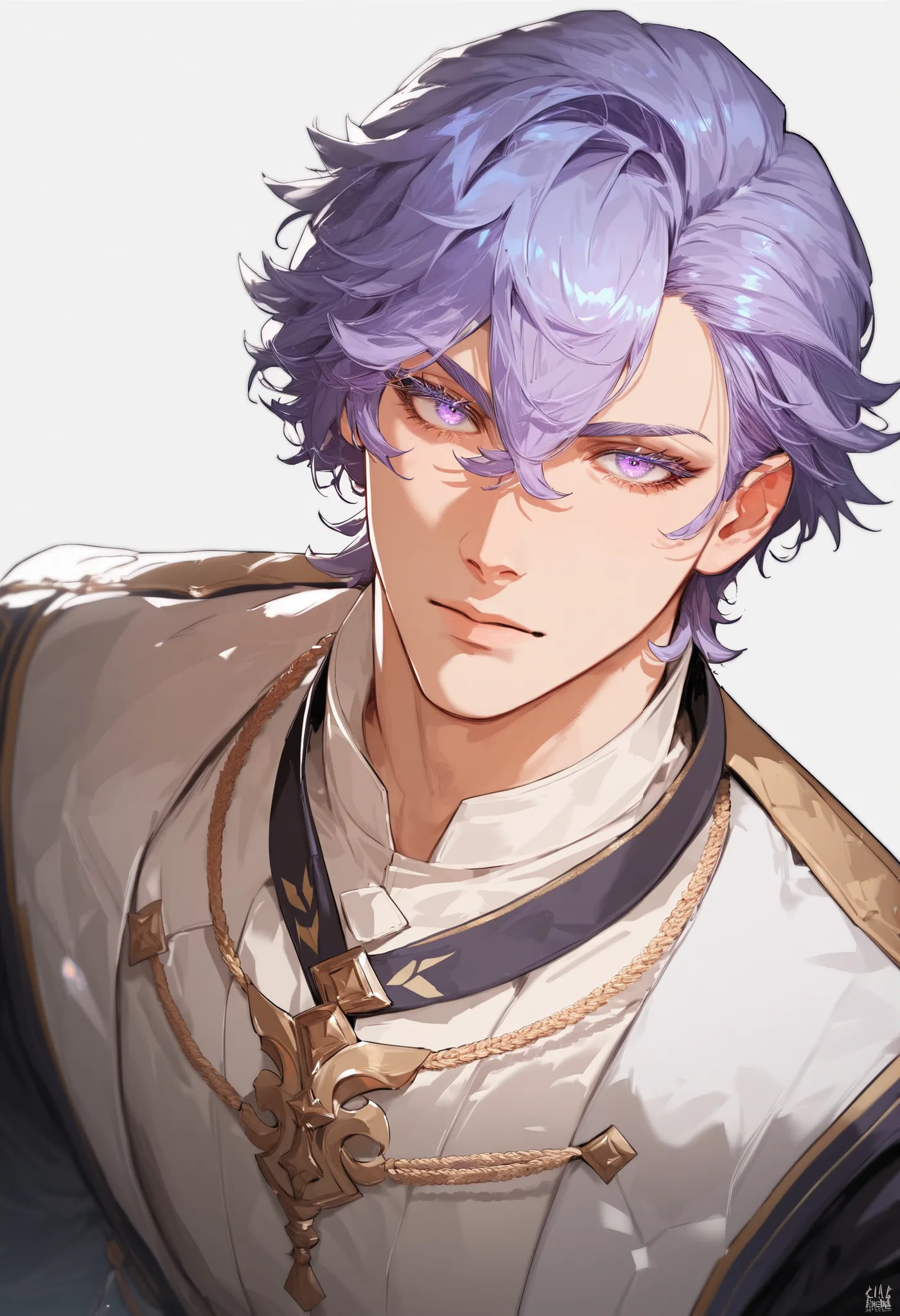 1boy, looking at viewer, keen eyes, simple background, male curvy body, modern clotches, cowboy shot angle, sexy, highres, hair between eyes, male cantarella \(wuthering waves\), purple eyes, purple hair, eyelashes,