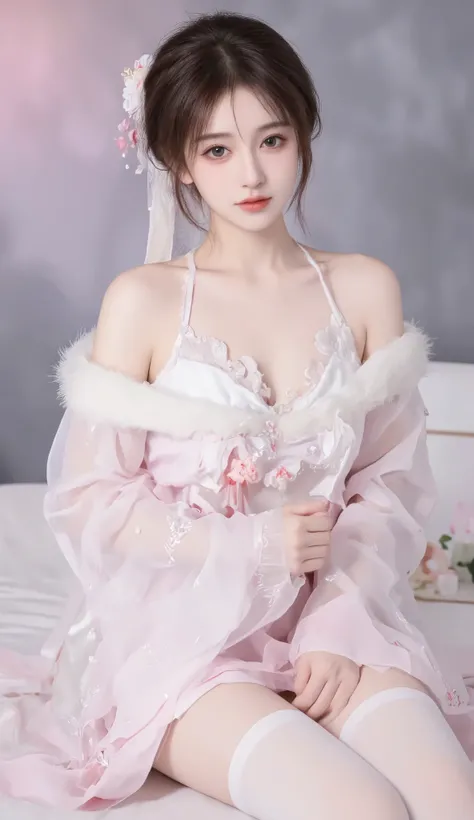 robe, 1 girl, [[ eyes, 白flower, ribbon, Chest, 白色 Chinese clothing , Chinese clothing , skirt, flower, Gradient , Gradient background, embroidered ball flower, Watch the audience, small Chest, white pantyhose, Single, thigh 连裤袜