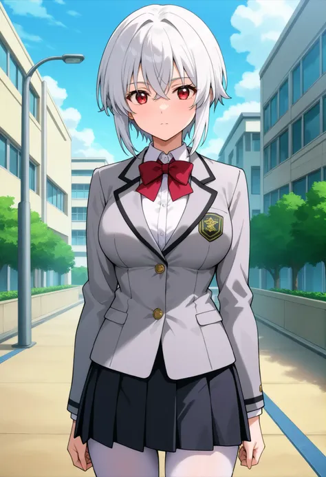 higurashikira, anime screencap, anime coloring, cowboy shot, 
1girl, solo, tall female, toned female, white hair, very short hair, crossed bangs, short sidelocks, red eyes, large breasts, 
school uniform, grey blazer, red bowtie, white collared shirt, blac...