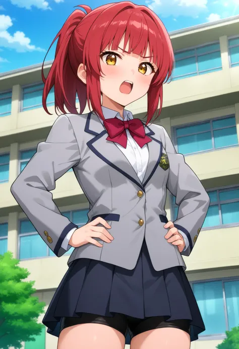 higurashikira, anime screencap, anime coloring, cowboy shot, 
1girl, solo, short female, toned female, red hair, medium hair, ponytail, blunt bangs, short sidelocks, yellow eyes, small breasts, 
school uniform, grey blazer, red bowtie, white collared shirt...