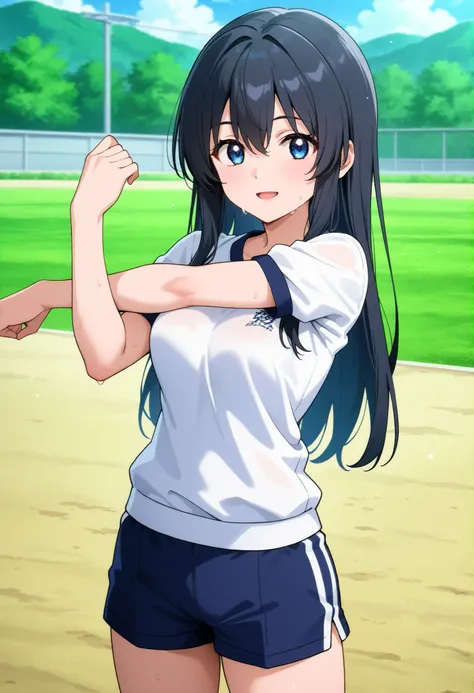 higurashikira, anime screencap, anime coloring, cowboy shot, 
1girl, solo, medium female, toned female, black hair, long hair, bangs, hair between eyes, long sidelocks, blue eyes, medium breasts, 
gym uniform, white gym shirt, black gym shorts, 
looking at...