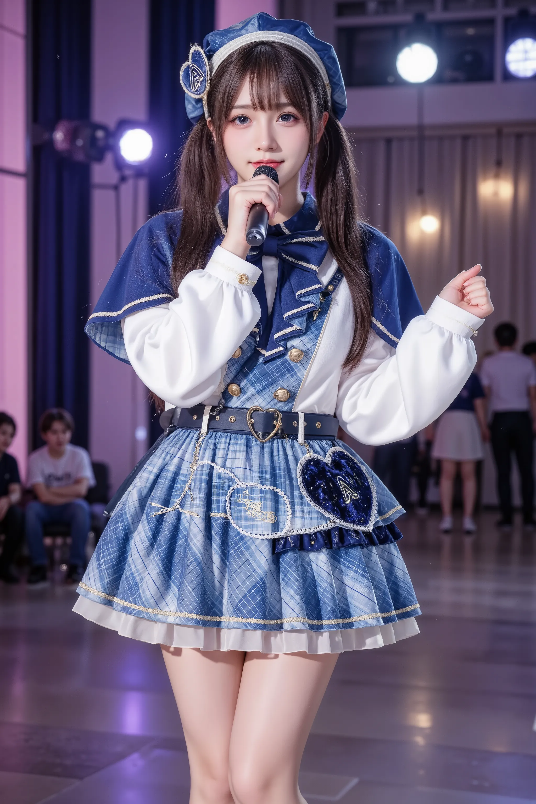 On a glamorous stage, Singing and dancing with a microphone, idol group, beautiful young Japanese girls, (a woman in idol dress with long sleeves and belt and bow and blue capelet and black boots, she has long black twintails hair with blue hat), enjoying,...