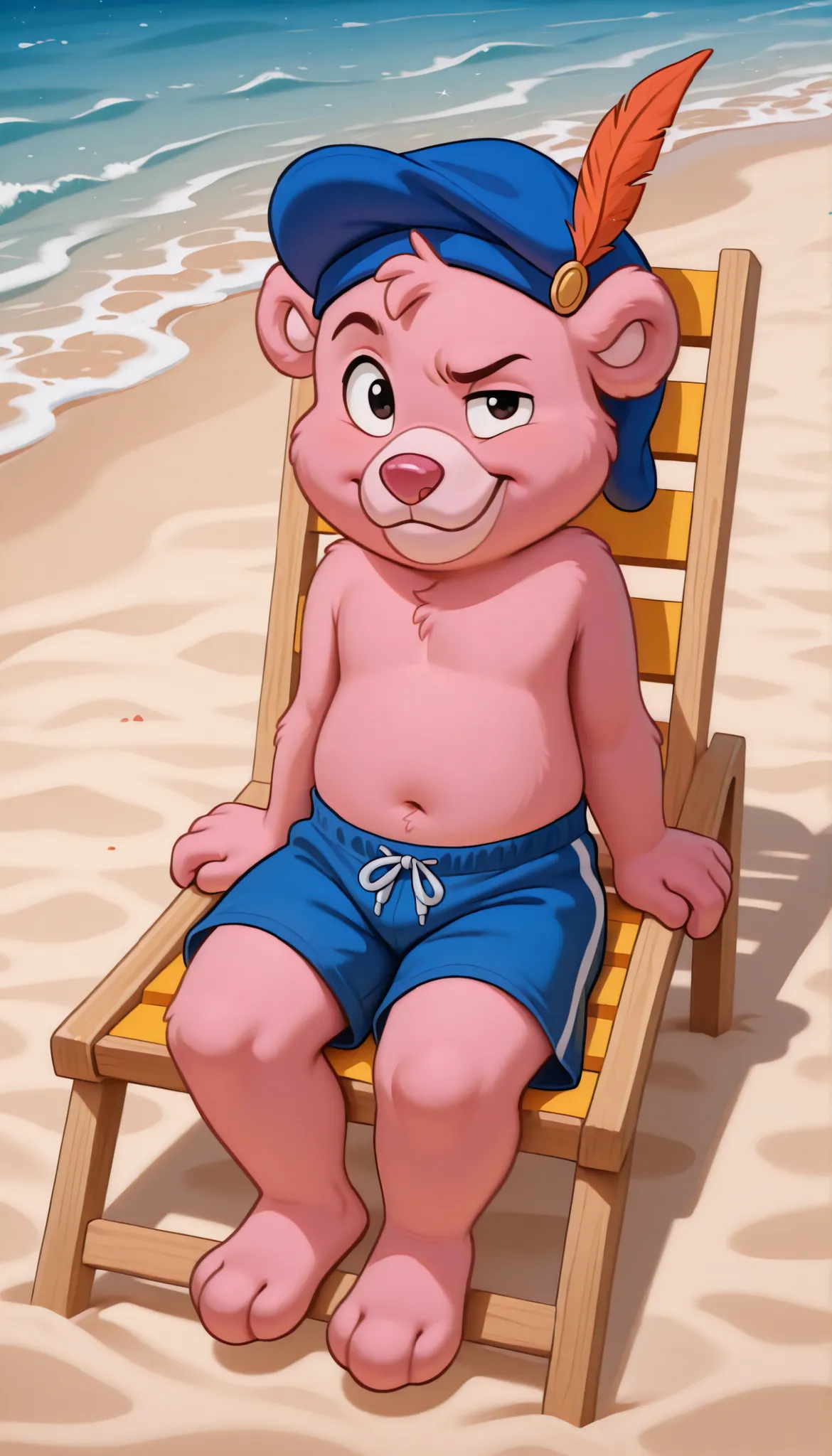 cubbigummixl, amazing quality, absurd res, newest, masterpiece, anthro, solo, pink bear, blue hat with feather, blue swim trunks, topless, beach, sunny, confident, raised eyebrow, full body, sit on beach chair, 