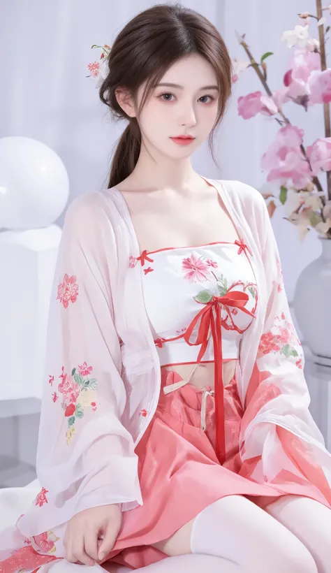 robe, 1 girl, [[ eyes, 白flower, ribbon, Chest, 白色 Chinese clothing , Chinese clothing , skirt, flower, Gradient , Gradient background, embroidered ball flower, Watch the audience, small Chest, white pantyhose, Single, thigh 连裤袜
