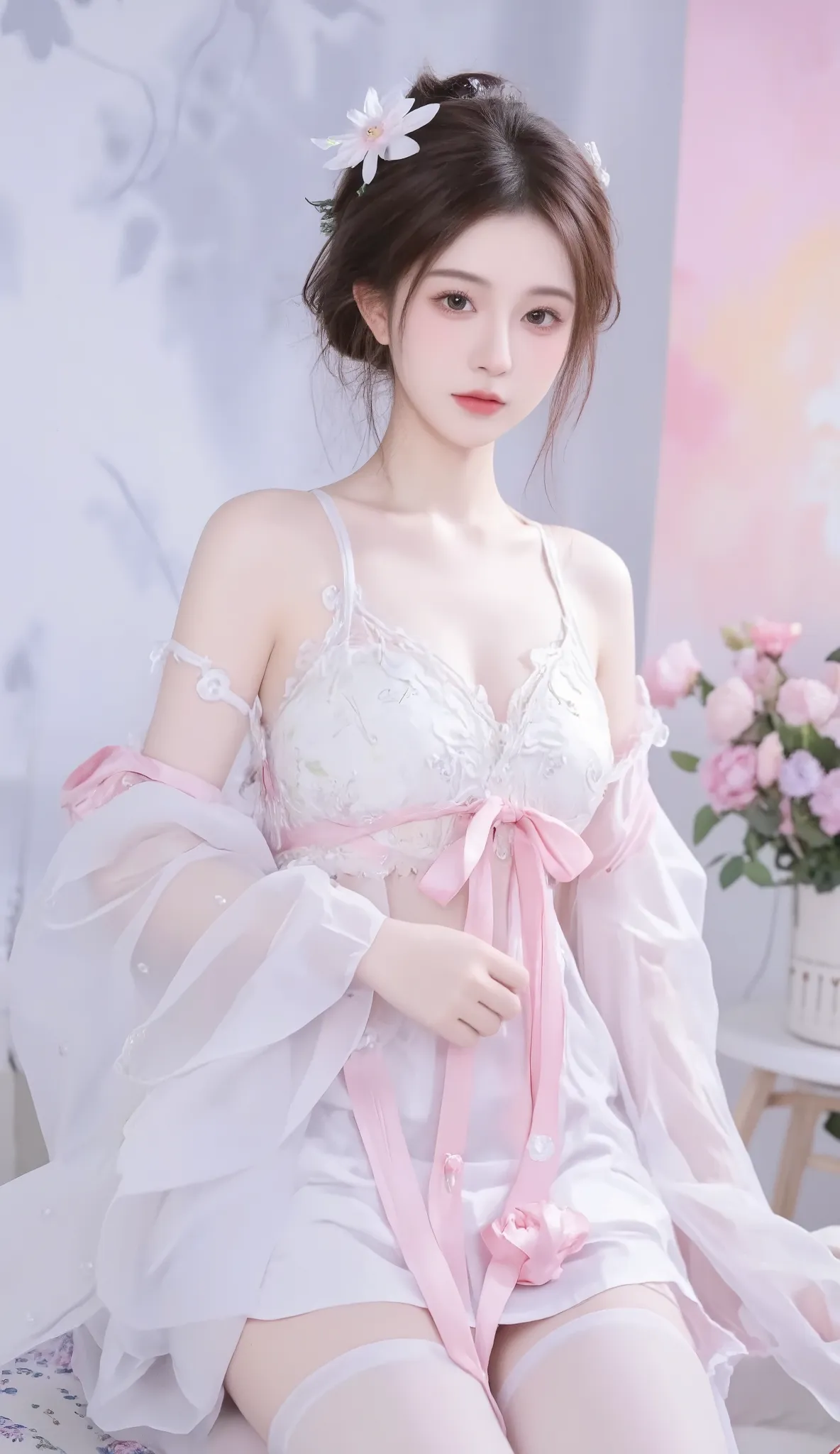 robe, 1 girl, [[ eyes, flower, ribbon, Chest, Chinese clothing , Chinese clothing , skirt, flower, Gradient , Gradient background, embroidered ball flower, Watch the audience, small Chest, white pantyhose, Single, thigh 连裤袜
