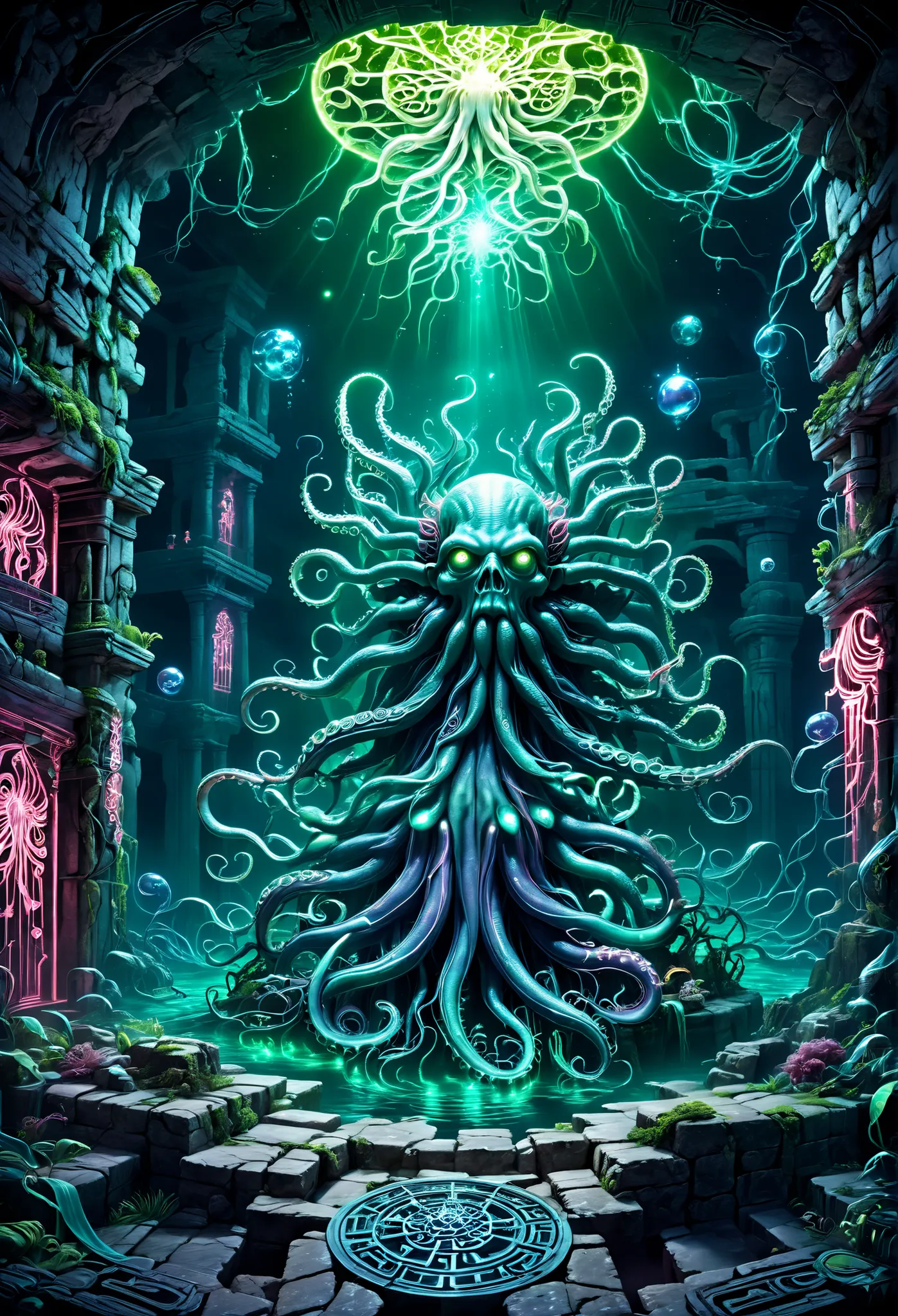 Illustration by Cthulhu, Evil God, (Six Eyes, countless tentacles), Tentacles Spread in All Directions, Intricately Intertwined Tentacles, Neon Holography Transparent Cthulhu, The Majesty of the Last Boss, Overwhelming Presence, dark fantasy, (Ancient Ruin...