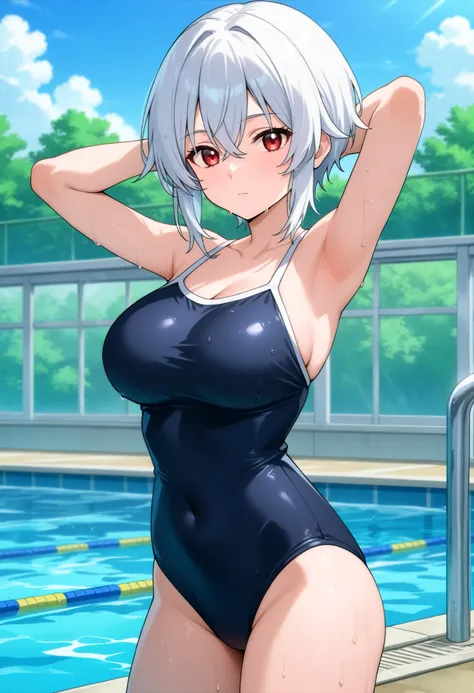 higurashikira, anime screencap, anime coloring, cowboy shot, 
1girl, solo, tall female, toned female, white hair, very short hair, crossed bangs, short sidelocks, red eyes, large breasts, 
competition school swimsuit, black one-piece swimsuit, 
looking at ...