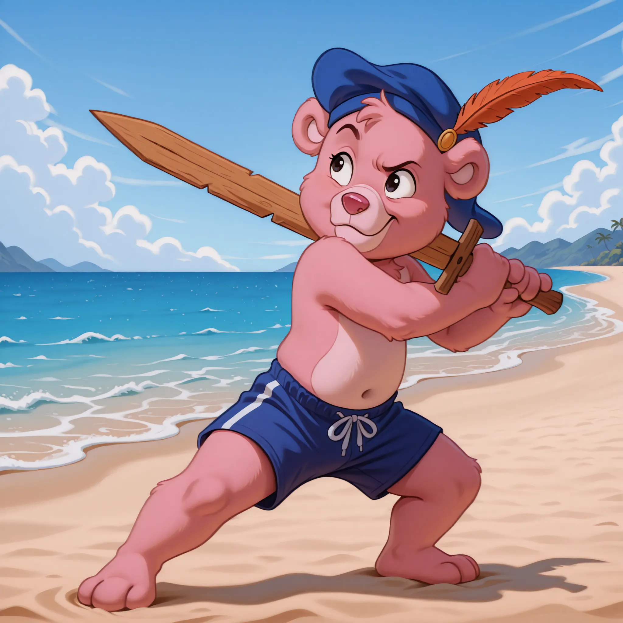 cubbigummixl, amazing quality, absurd res, newest, masterpiece, anthro, solo, pink bear, blue hat with feather, blue swim trunks, topless, action stance, beach, sunny, holding weapon, wooden sword, confident, raised eyebrow, ready to fight, full body