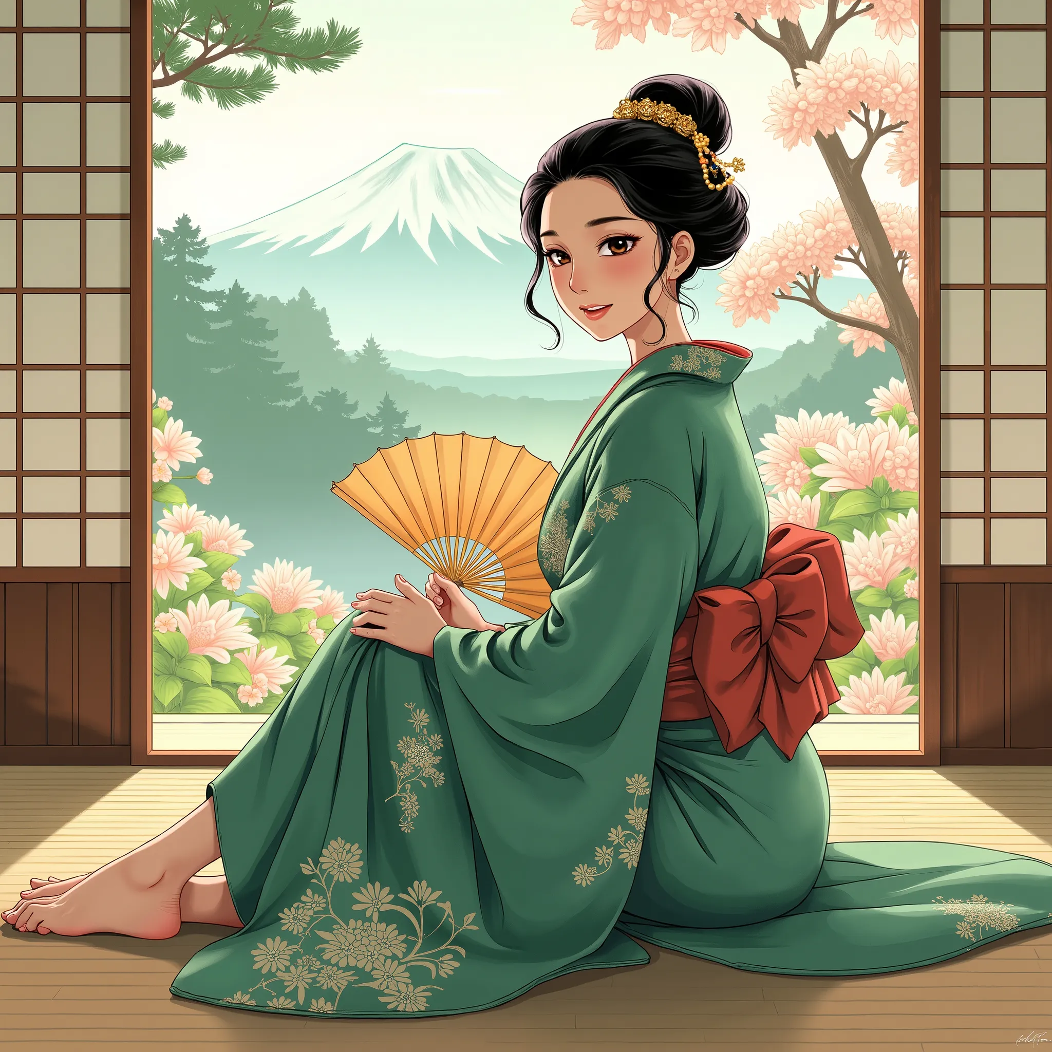 Illustrations、anime、A beautiful thirty- woman is sitting、green kimono、Japanese Women、Japanese-style room、pine tree、Mt. Fuji、 beautiful flowers 、fan、breasts are big、