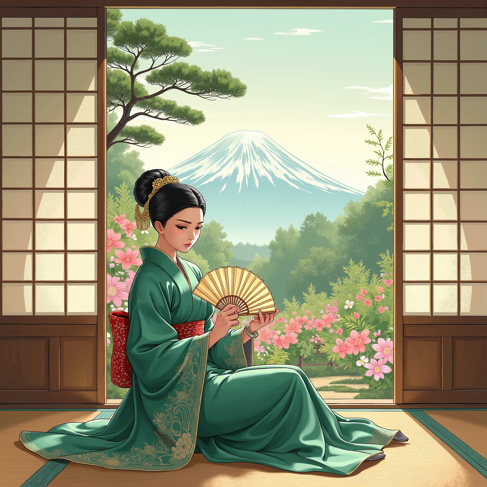 Illustrations、anime、A beautiful thirty- woman is sitting、green kimono、Japanese Women、Japanese-style room、pine tree、Mt. Fuji、 beautiful flowers 、fan、breasts are big、