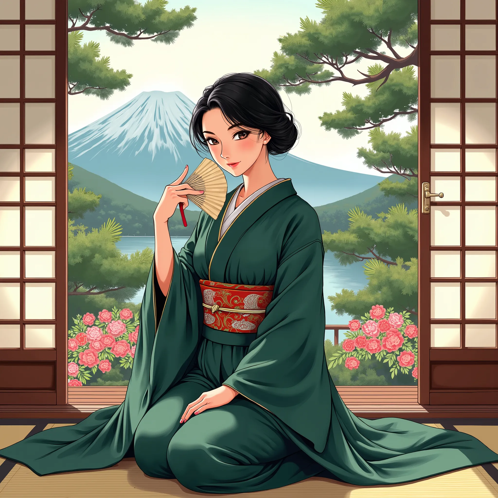 Illustrations、anime、A beautiful thirty- woman is sitting、dark green kimono、Japanese Women、Japanese-style room、pine tree、Mt. Fuji、 beautiful flowers 、fan、breasts are big、