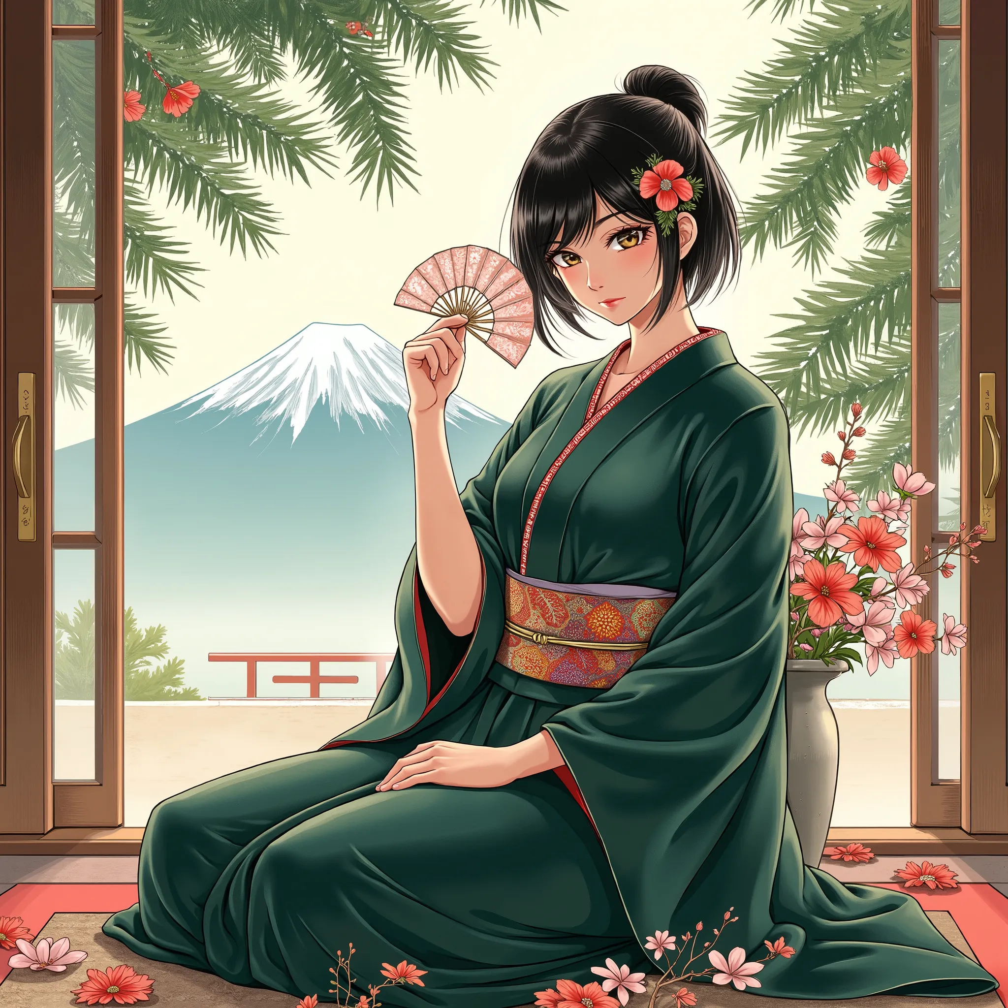 Illustrations、anime、A beautiful thirty- woman is sitting、dark green kimono、Japanese Women、Japanese-style room、pine tree、Mt. Fuji、 beautiful flowers 、fan、breasts are big、