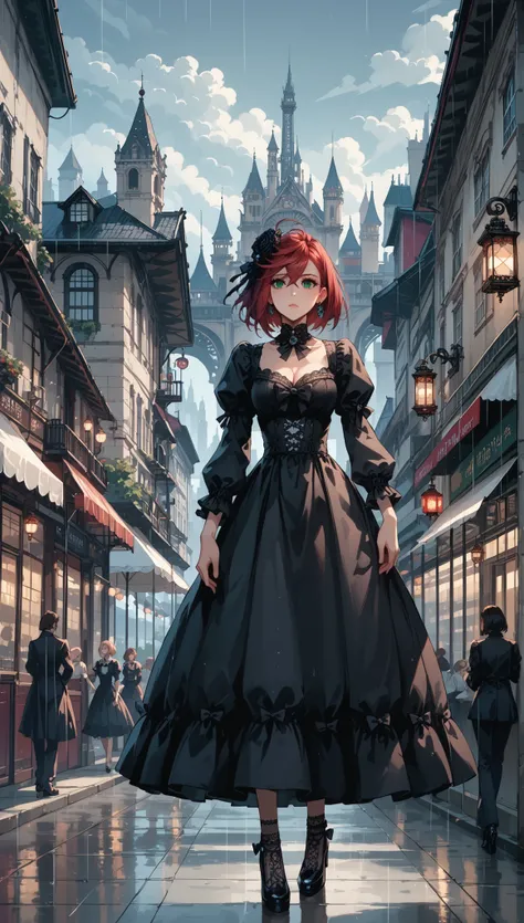 rape, Ayase Momo, 18 years old, red short hair, bangs, green eyes, delicately drawn hands, masterpieces, 1 girl, ((umbrella), (elegant umbrella), (princess dress), ((crinoline skirt)), bow on head, gothic style, medium breasts, cleavage, waist, gothic styl...