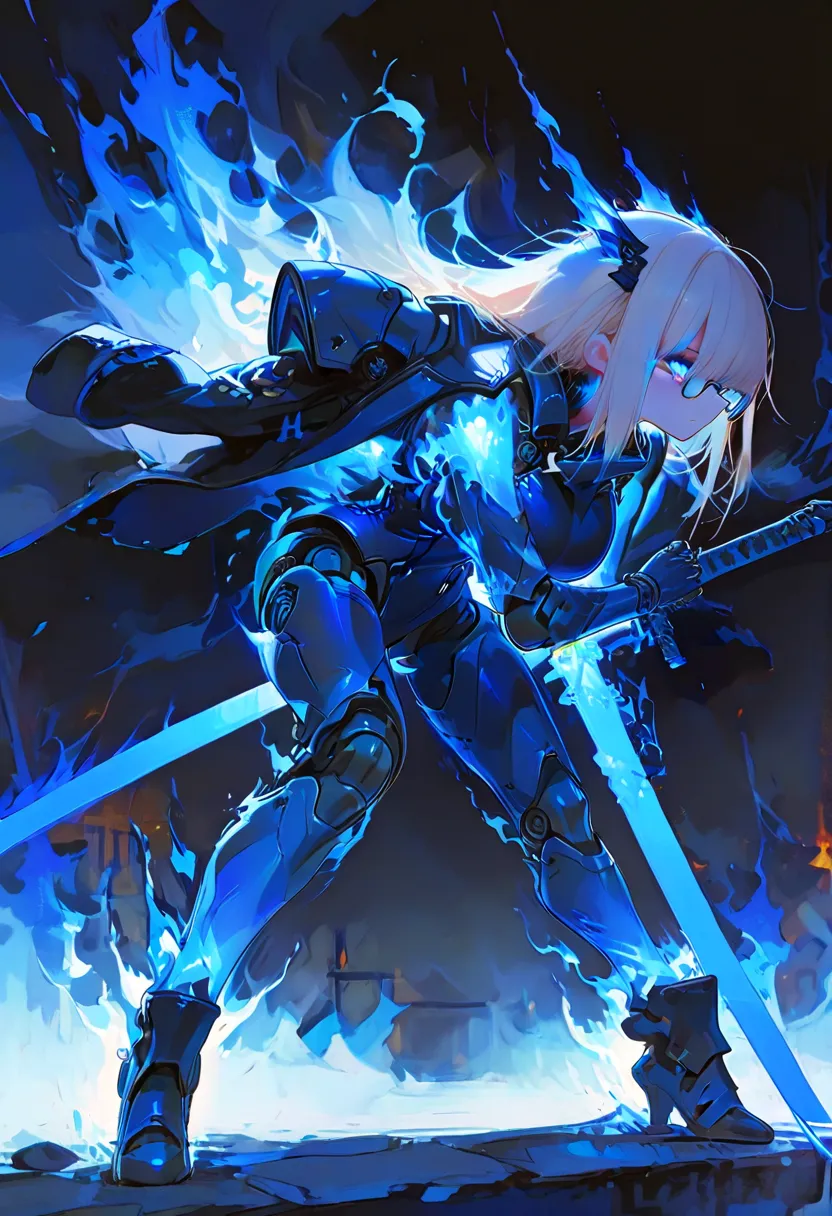 
(masterpiece, Highest Quality), (very detailed, Highest Quality, Official Art,  beautiful、sophisticated: 1.2), Female 1 , armor, sword, blue glowing eyes，engulfed in flames、headgear, full body, combat stance、glasses, ((Blue flames shining from shoulders, elbows, and knee joints)), Exoskeleton