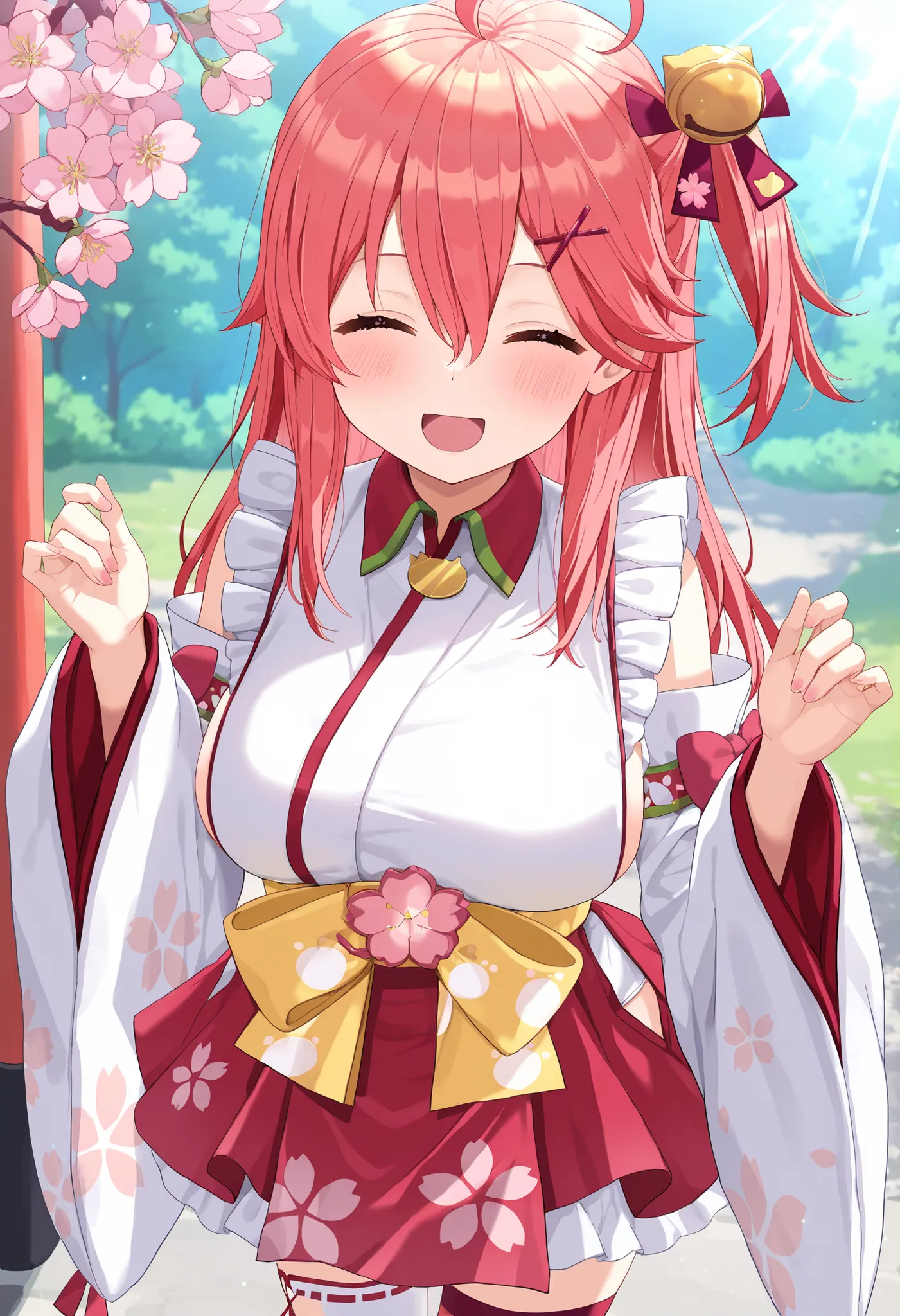 masterpiece, best quality, highres, miko1, sakura_miko, young_1teen_girl, large_breasts, solo, ahoge, x_hair_ornament, light_red_hair,blush, floral print, hairclip,(side_less_clothes:1.5), side_breasts, hair_bell, floral print, long_hair, hair between eyes...