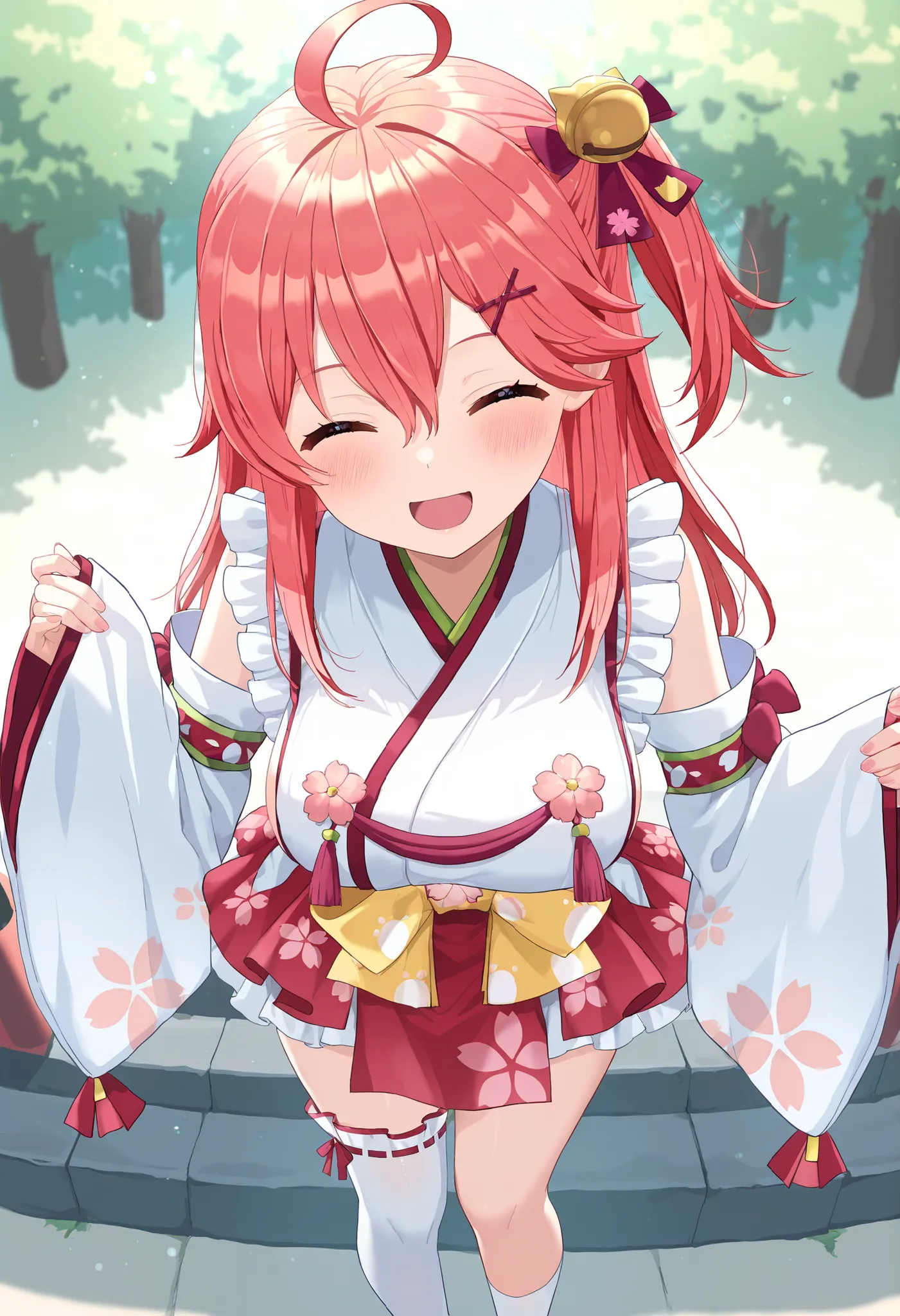 masterpiece, best quality, highres, miko1, sakura_miko, young_1teen_girl, large_breasts, solo, ahoge, x_hair_ornament, light_red_hair,blush, floral print, hairclip,(side_less_clothes:1.5), side_breasts, hair_bell, floral print, long_hair, hair between eyes...