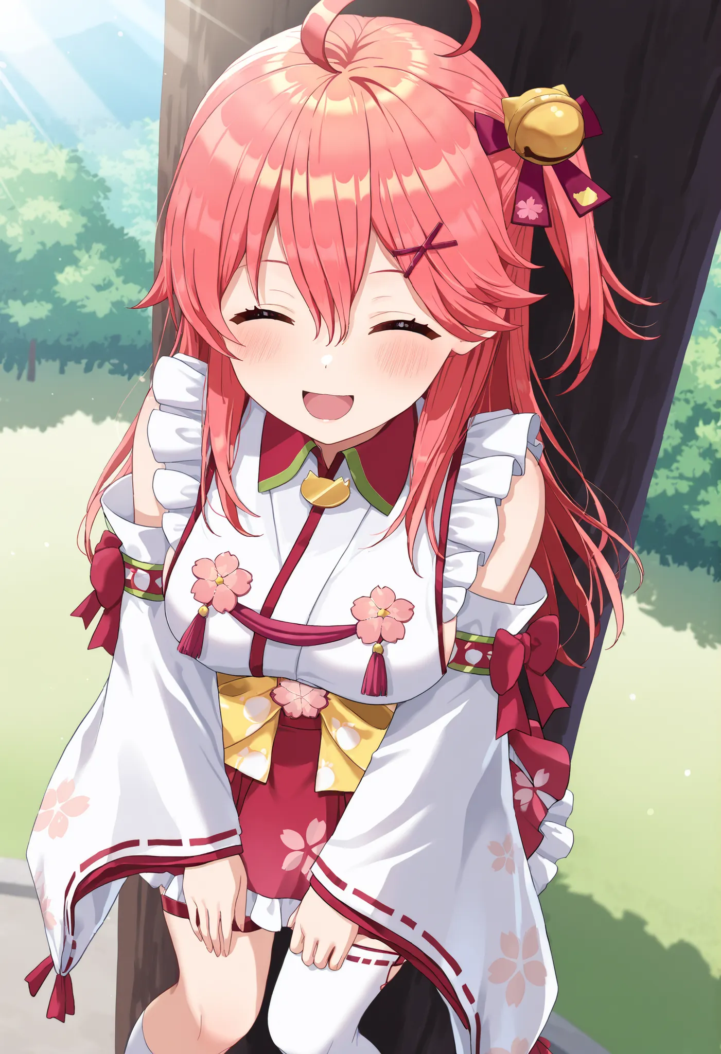 masterpiece, best quality, highres, miko1, sakura_miko, young_1teen_girl, large_breasts, solo, ahoge, x_hair_ornament, light_red_hair,blush, floral print, hairclip,(side_less_clothes:1.5), side_breasts, hair_bell, floral print, long_hair, hair between eyes...