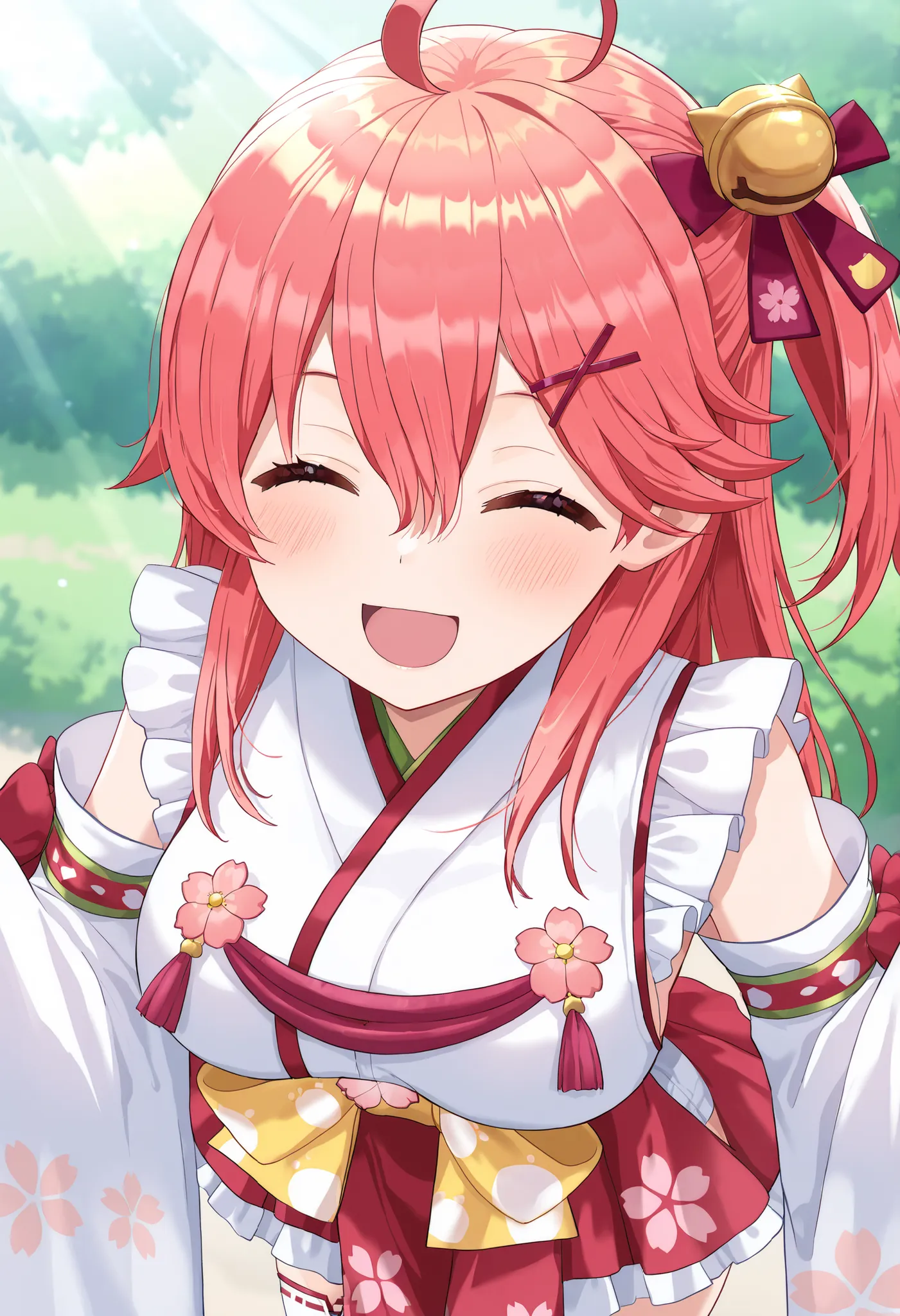 masterpiece, best quality, highres, miko1, sakura_miko, young_1teen_girl, large_breasts, solo, ahoge, x_hair_ornament, light_red_hair,blush, floral print, hairclip,(side_less_clothes:1.5), side_breasts, hair_bell, floral print, long_hair, hair between eyes...