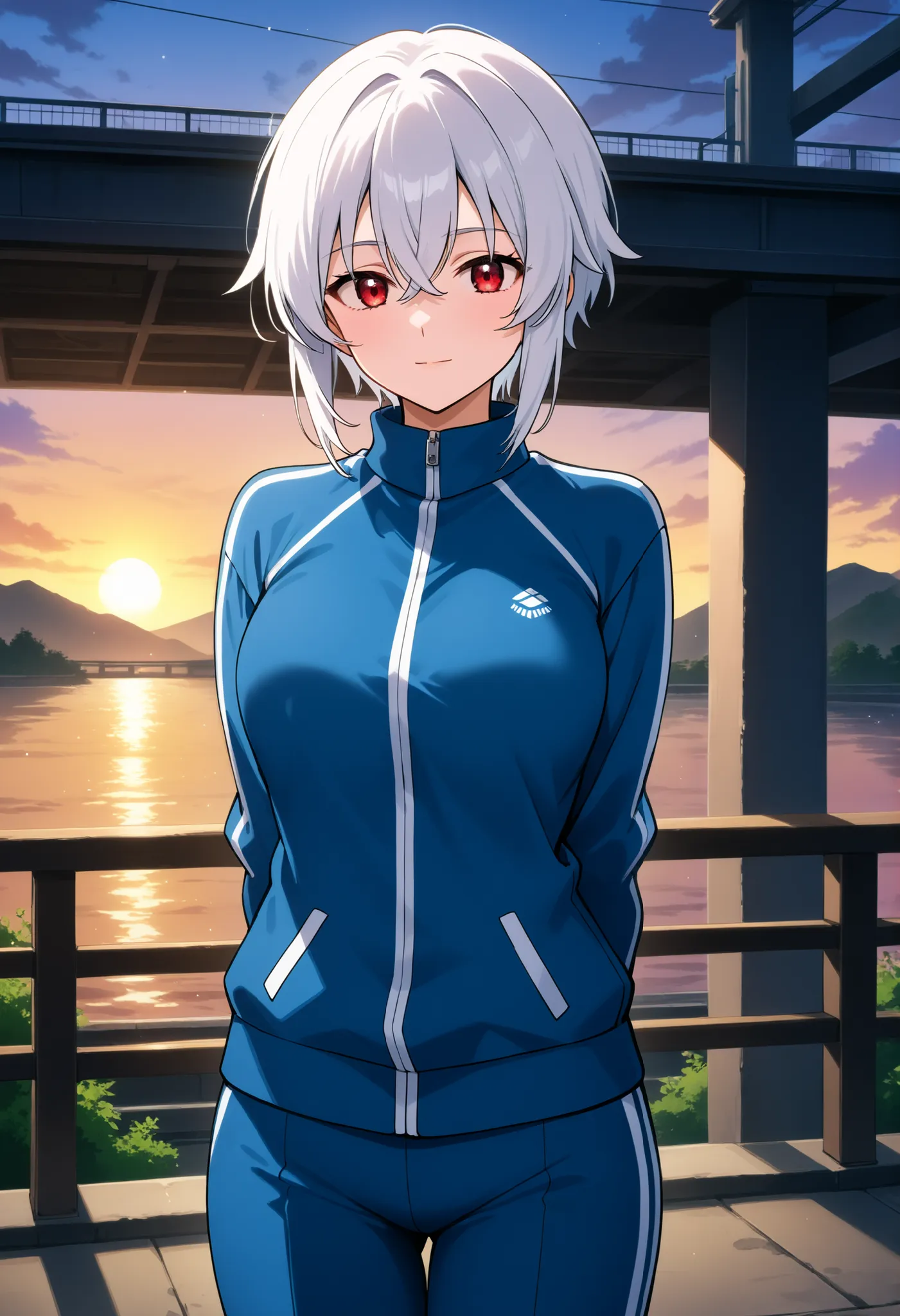 higurashikira, anime screencap, anime coloring, cowboy shot, 
1girl, solo, tall female, toned female, white hair, very short hair, crossed bangs, short sidelocks, red eyes, large breasts, 
track suit, blue track jacket, blue track pants, 
looking at viewer...