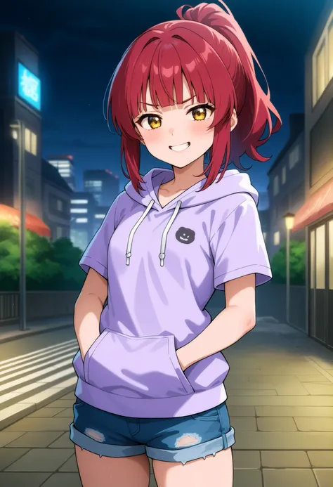 higurashikira, anime screencap, anime coloring, cowboy shot, 
1girl, solo, short female, toned female, red hair, medium hair, ponytail, blunt bangs, short sidelocks, yellow eyes, small breasts, 
light purple short sleeves hoodie, denim shorts, 
looking at ...