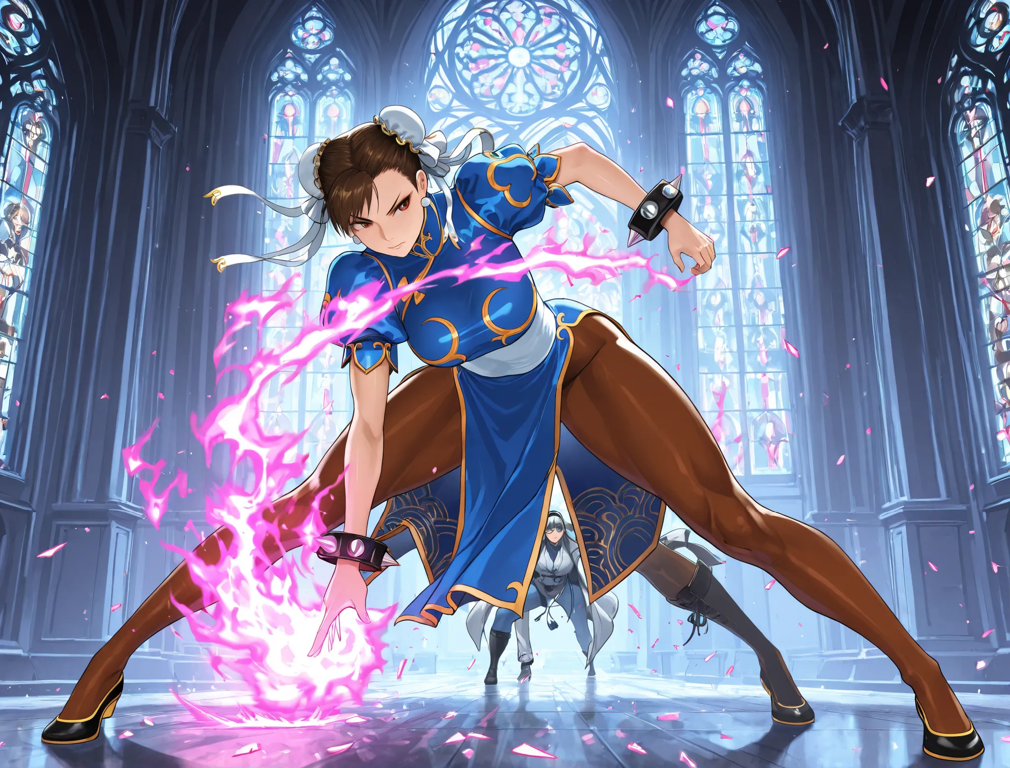 Chun-Li and Kyo Kusanagi locked in an intense anime-style battle inside a grand gothic cathedral with towering stained-glass windows glowing from behind. Chun-Li is on the left, low to the ground in an agile, aggressive stance, legs spread, leaning forward...