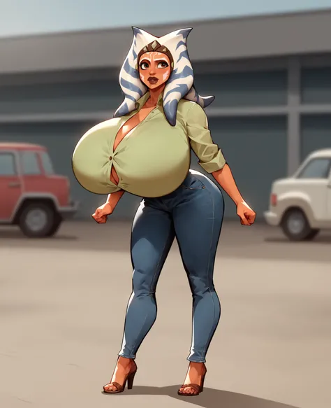 Anime art, a woman, red hair, brown eyes, curly hair, freckles on both cheeks, full lips, sympathetic look, fair skin, green dress shirt, black jeans, small construction, gigantic breasts (cinematic film still ahsoka tano raised eyebrow at isle of whispers...