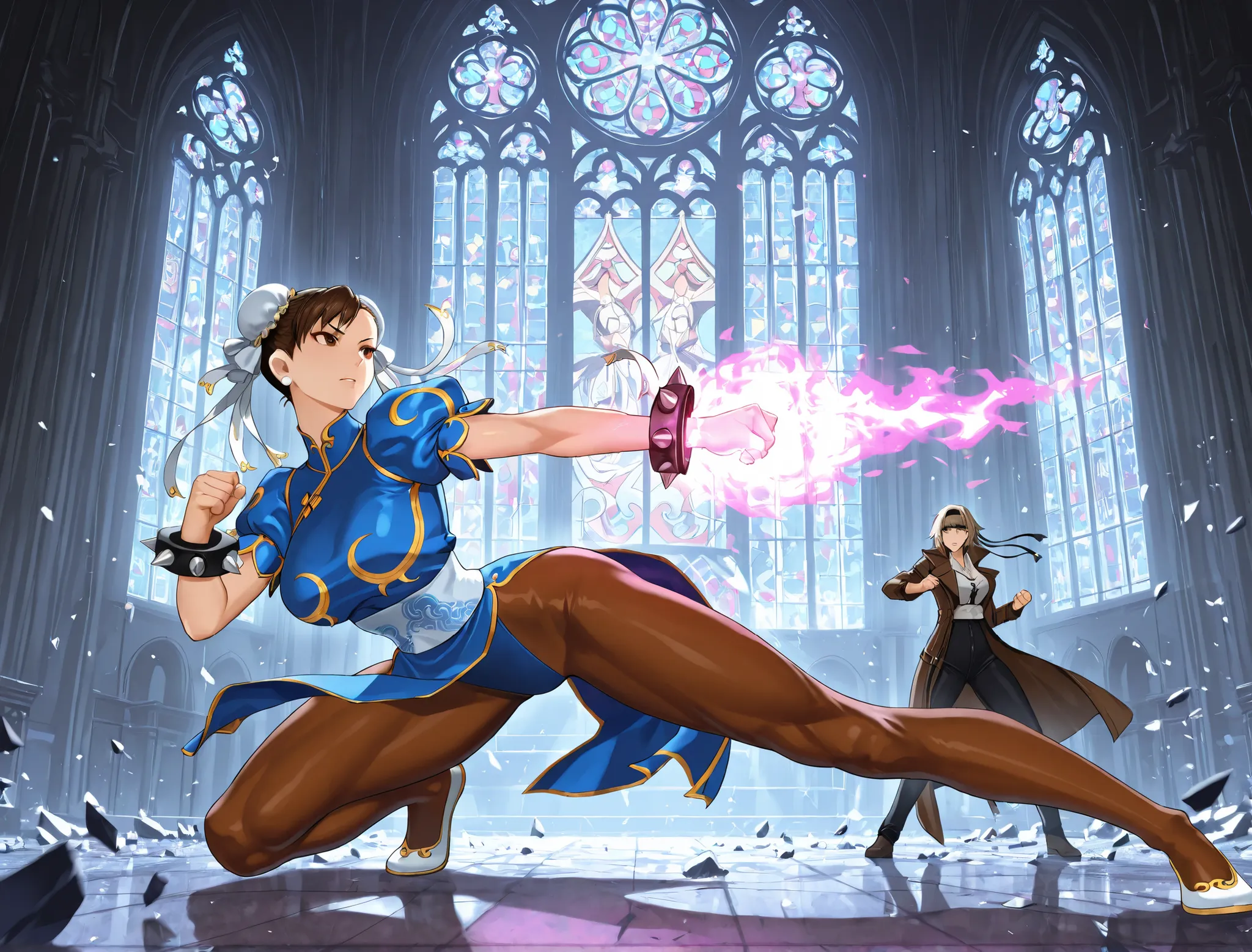 Chun-Li and Kyo Kusanagi locked in an intense anime-style battle inside a grand gothic cathedral with towering stained-glass windows glowing from behind. Chun-Li is on the left, low to the ground in an agile, aggressive stance, legs spread, leaning forward...