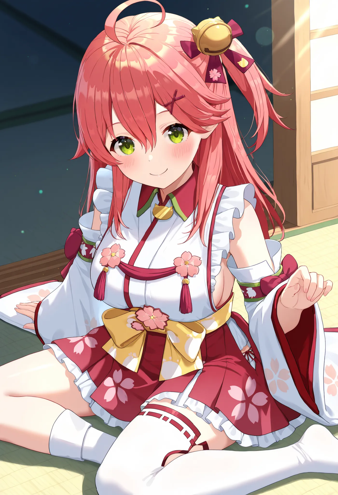 masterpiece, best quality, highres, miko1, sakura_miko, young__1girl, large_breasts, solo, ahoge, x_hair_ornament, light_red_hair,blush, floral print, hairclip,(side_less_clothes:1.5), side_breasts, hair_bell, floral print, long_hair, hair between eyes, on...