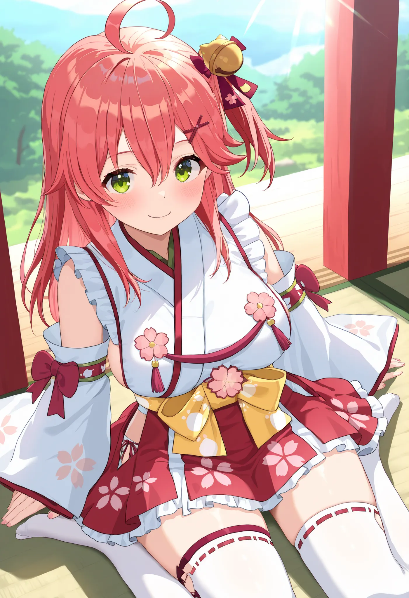 masterpiece, best quality, highres, miko1, sakura_miko, young__1girl, large_breasts, solo, ahoge, x_hair_ornament, light_red_hair,blush, floral print, hairclip,(side_less_clothes:1.5), side_breasts, hair_bell, floral print, long_hair, hair between eyes, on...