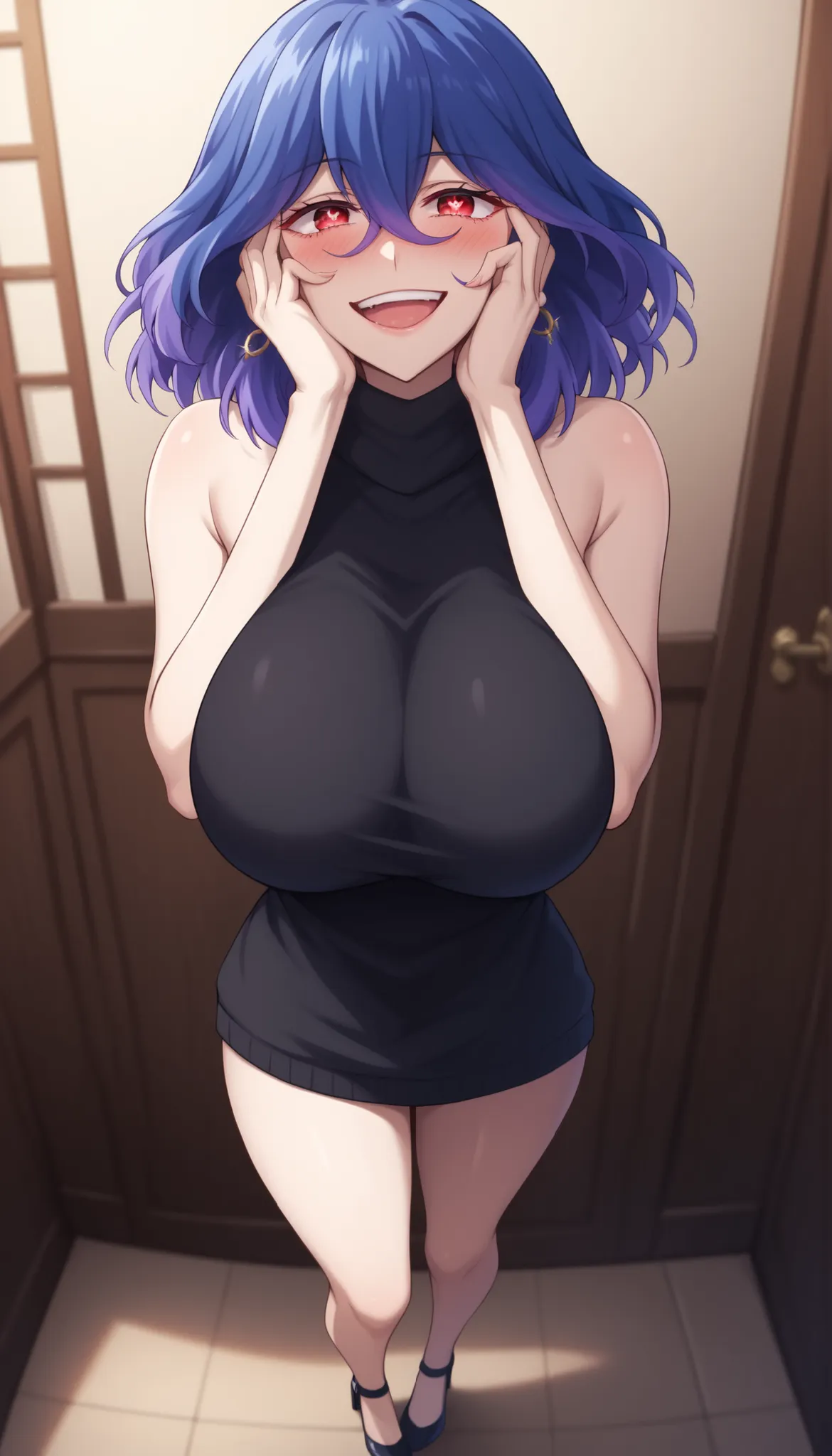 score_9, score_8_up, score_7_up, score_6_up, score_5_up, score_4_up
vermeil, vermeil, red eyes, hair between eyes, blue hair, purple hair, multicolored hair, medium hair,
sweater, bare shoulders, sleeveless, turtleneck, black sweater, thighs,
indoors, bent...