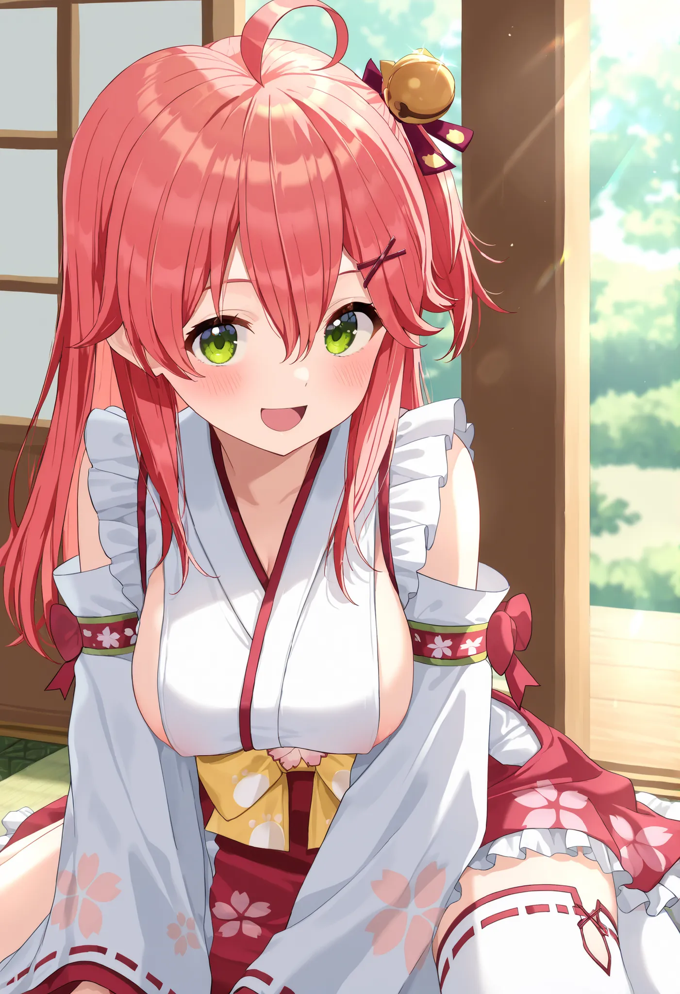 masterpiece, best quality, highres, miko1, sakura_miko, young__1girl, large_breasts, solo, ahoge, x_hair_ornament, light_red_hair,blush, floral print, hairclip,(side_less_clothes:1.5), side_breasts, hair_bell, floral print, long_hair, hair between eyes, on...