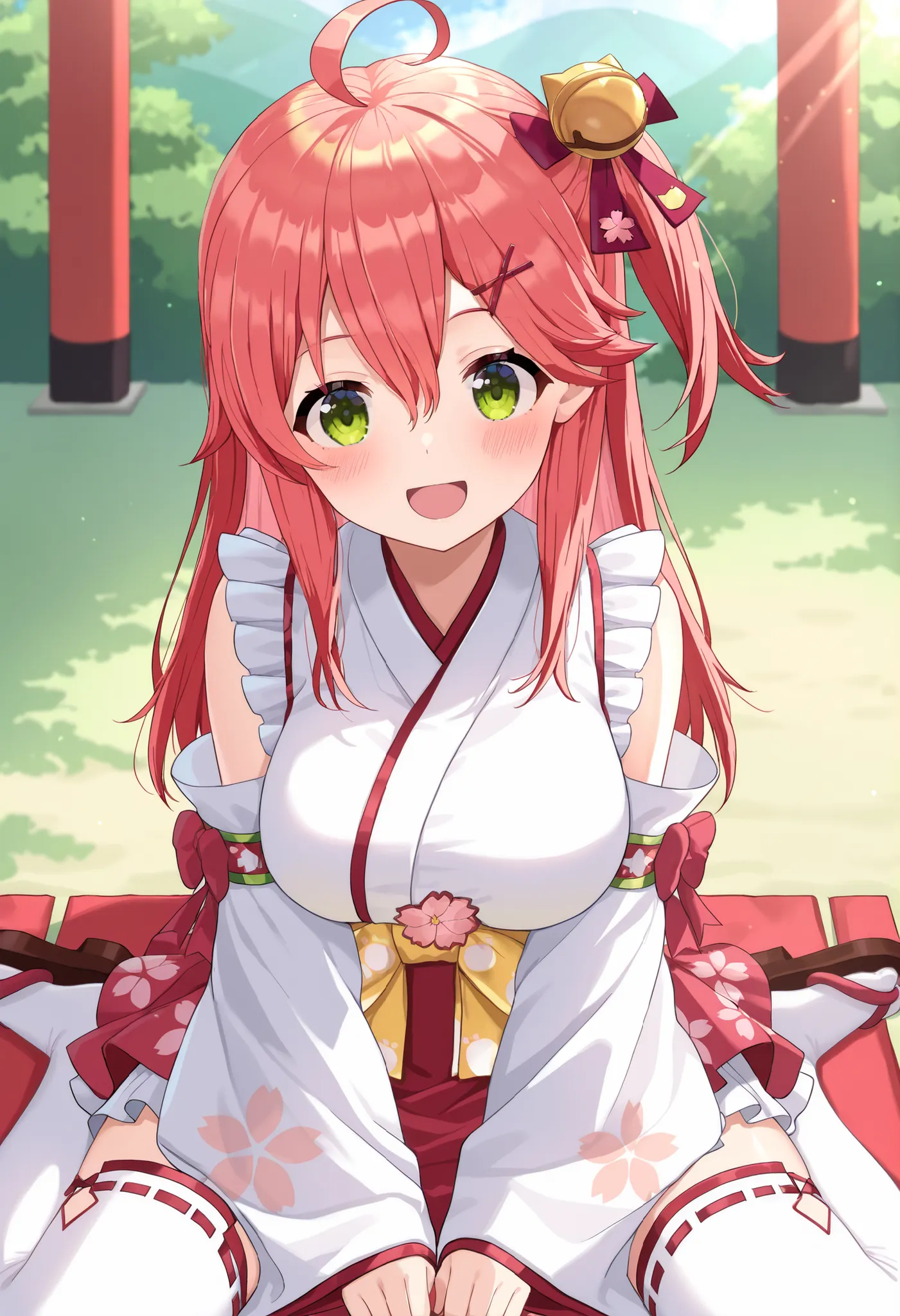 masterpiece, best quality, highres, miko1, sakura_miko, young__1girl, large_breasts, solo, ahoge, x_hair_ornament, light_red_hair,blush, floral print, hairclip,(side_less_clothes:1.5), side_breasts, hair_bell, floral print, long_hair, hair between eyes, on...