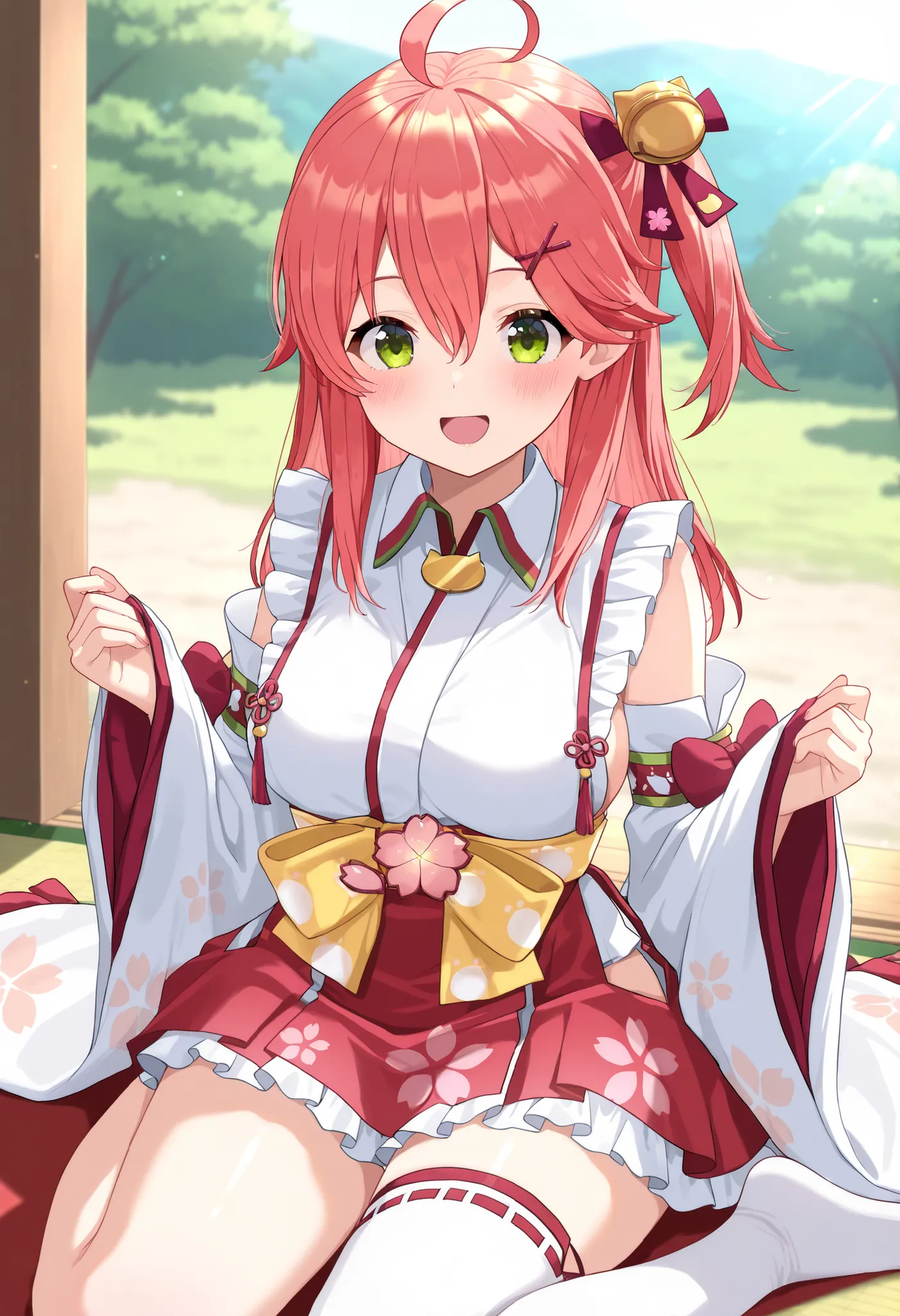 masterpiece, best quality, highres, miko1, sakura_miko, young__1girl, large_breasts, solo, ahoge, x_hair_ornament, light_red_hair,blush, floral print, hairclip,(side_less_clothes:1.5), side_breasts, hair_bell, floral print, long_hair, hair between eyes, on...