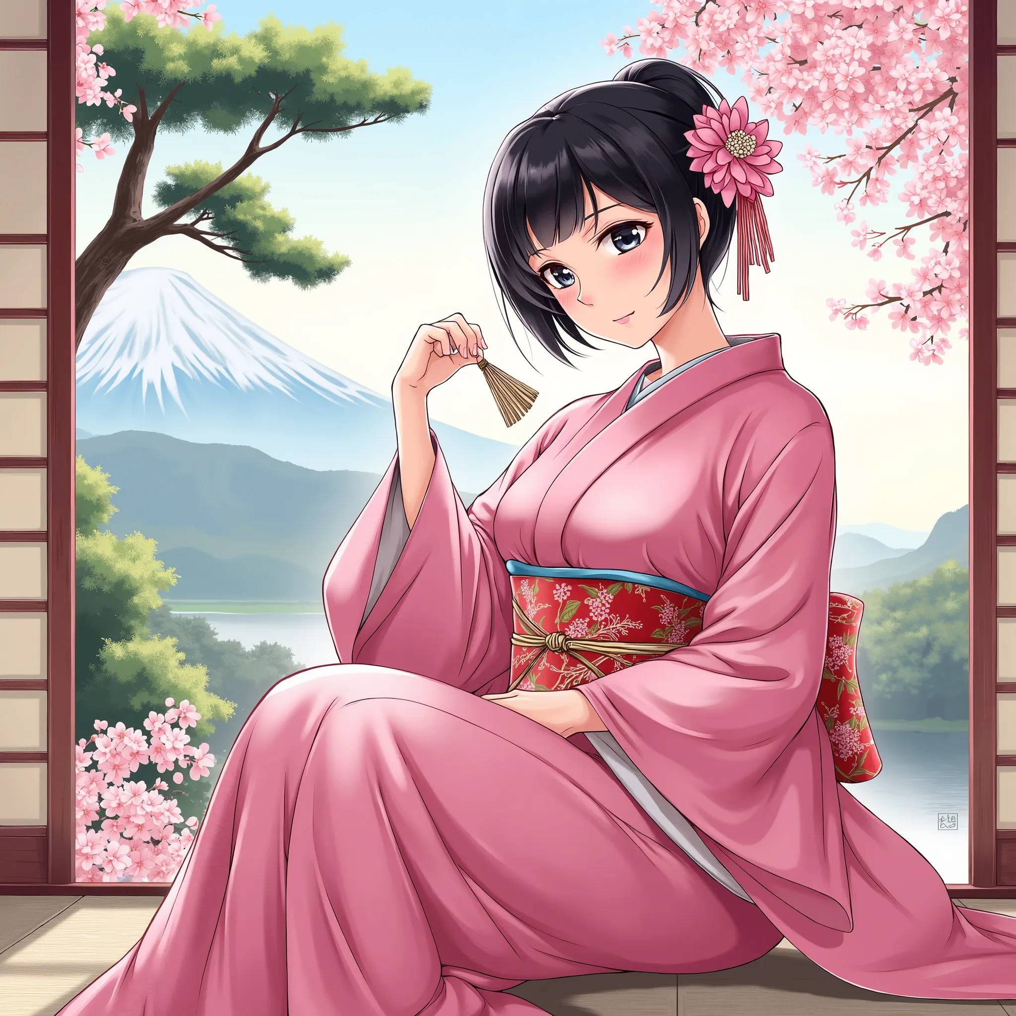 Illustrations、anime、A beautiful forty- woman is sitting、pink kimono、Japanese Women、Japanese-style room、pine tree、Mt. Fuji、 beautiful flowers 、fan、breasts are big、