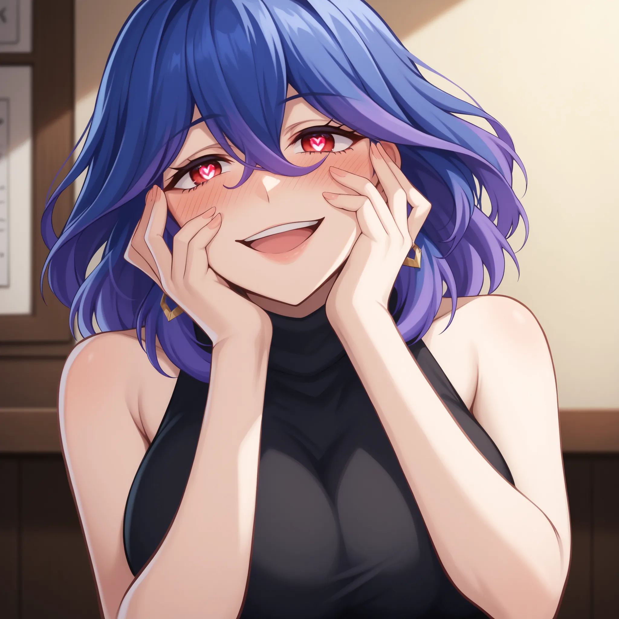 score_9, score_8_up, score_7_up, score_6_up, score_5_up, score_4_up
vermeil, vermeil, red eyes, hair between eyes, blue hair, purple hair, multicolored hair, medium hair,
sweater, bare shoulders, sleeveless, turtleneck, black sweater, thighs,
indoors, bent...