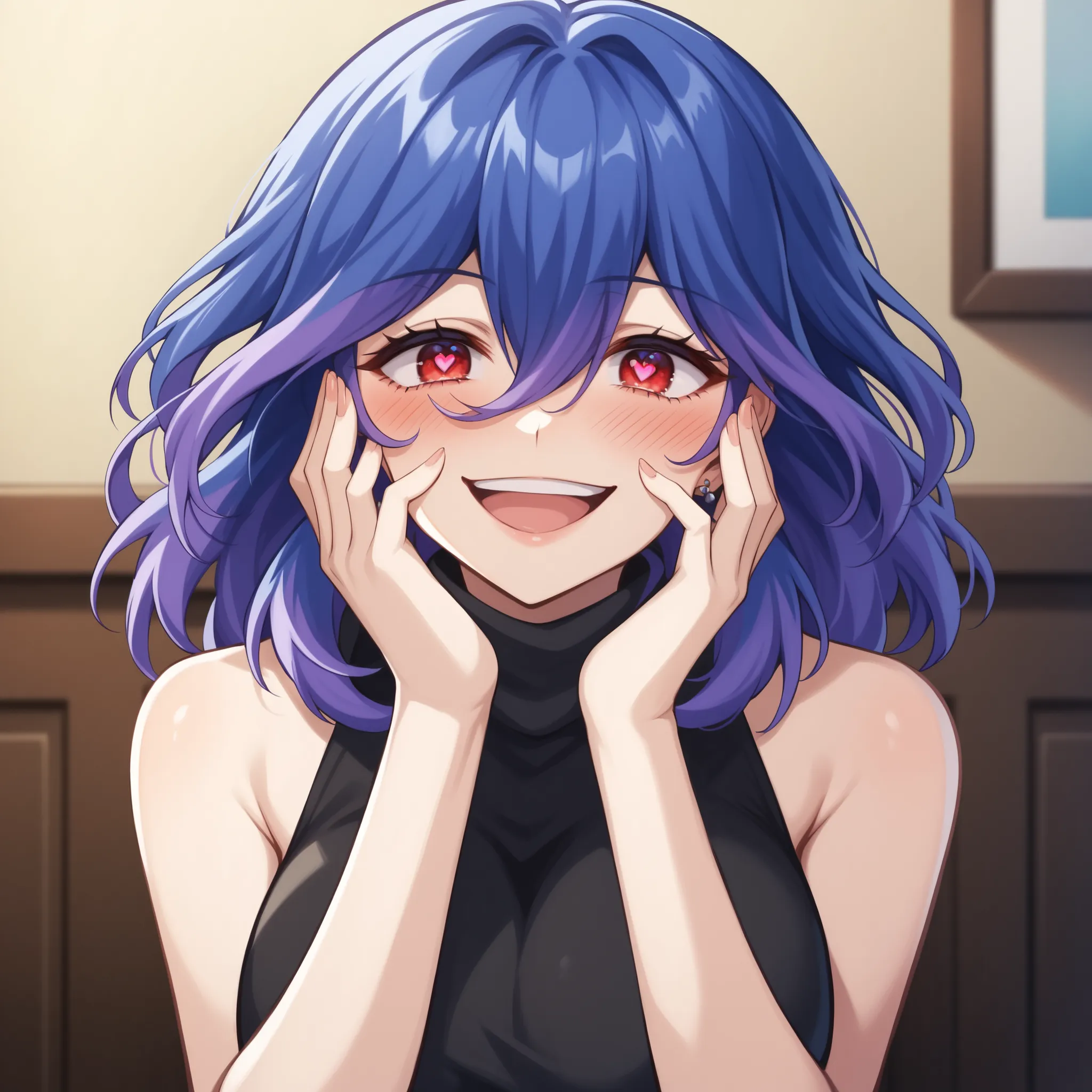 score_9, score_8_up, score_7_up, score_6_up, score_5_up, score_4_up
vermeil, vermeil, red eyes, hair between eyes, blue hair, purple hair, multicolored hair, medium hair,
sweater, bare shoulders, sleeveless, turtleneck, black sweater, thighs,
indoors, bent...