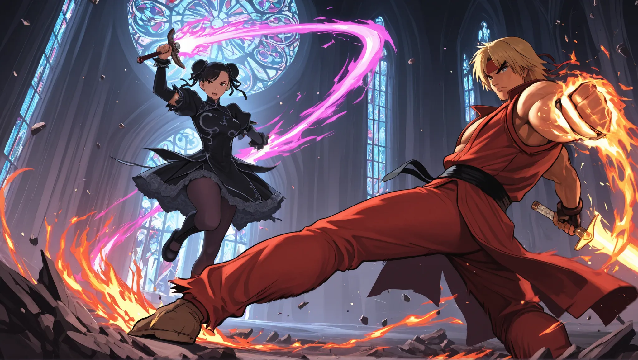 Epic anime-style battle inside a gothic cathedral with shattered stained glass windows. Ken Masters is on the left, wielding his fire sword in a dramatic pose, flames and energy bursting from his blade. His red coat and headband are flowing, with exaggera...