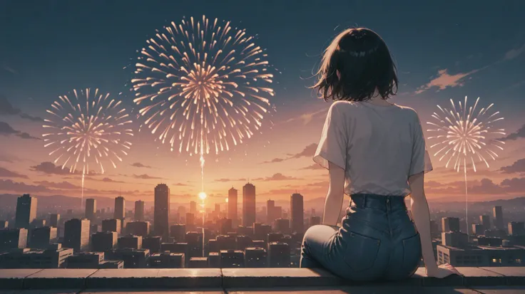 sky , scenery , sunset, 1girl , black hair,t shirts ,high waist jeans,sunset sky , solo , outdoors , building ,  sitting , city , cityscape ,from behind,Multiple Fireworks
