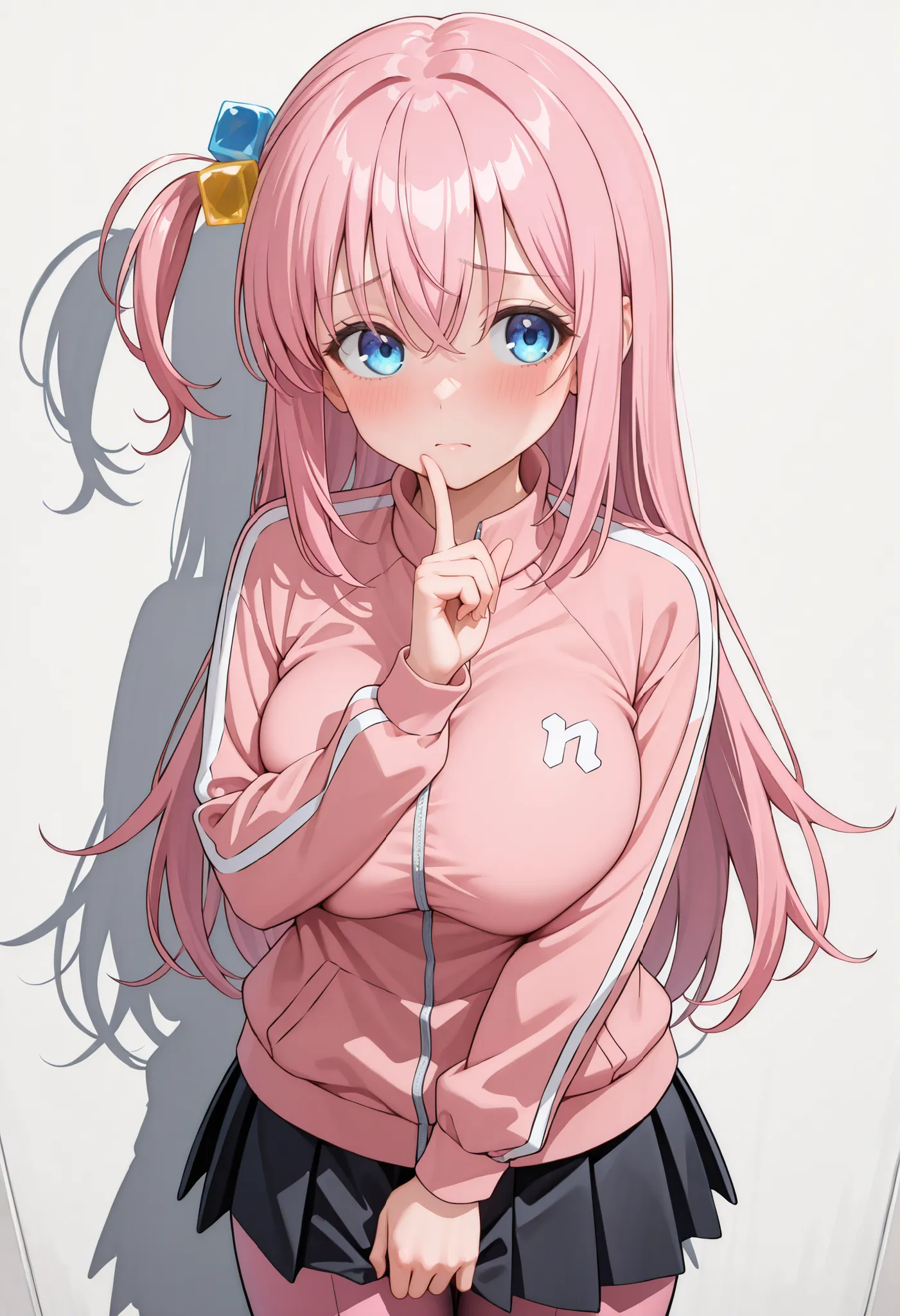 (masterpiece, best quality), ((perfect hands, perfect fingers)), 1girl, solo, hitori gotou, 

blue eyes, hair between eyes, pink hair, long hair, 
hair ornament, cube hair ornament, one side up, 

black skirt, jacket, long sleeves, pants, pants under skirt...