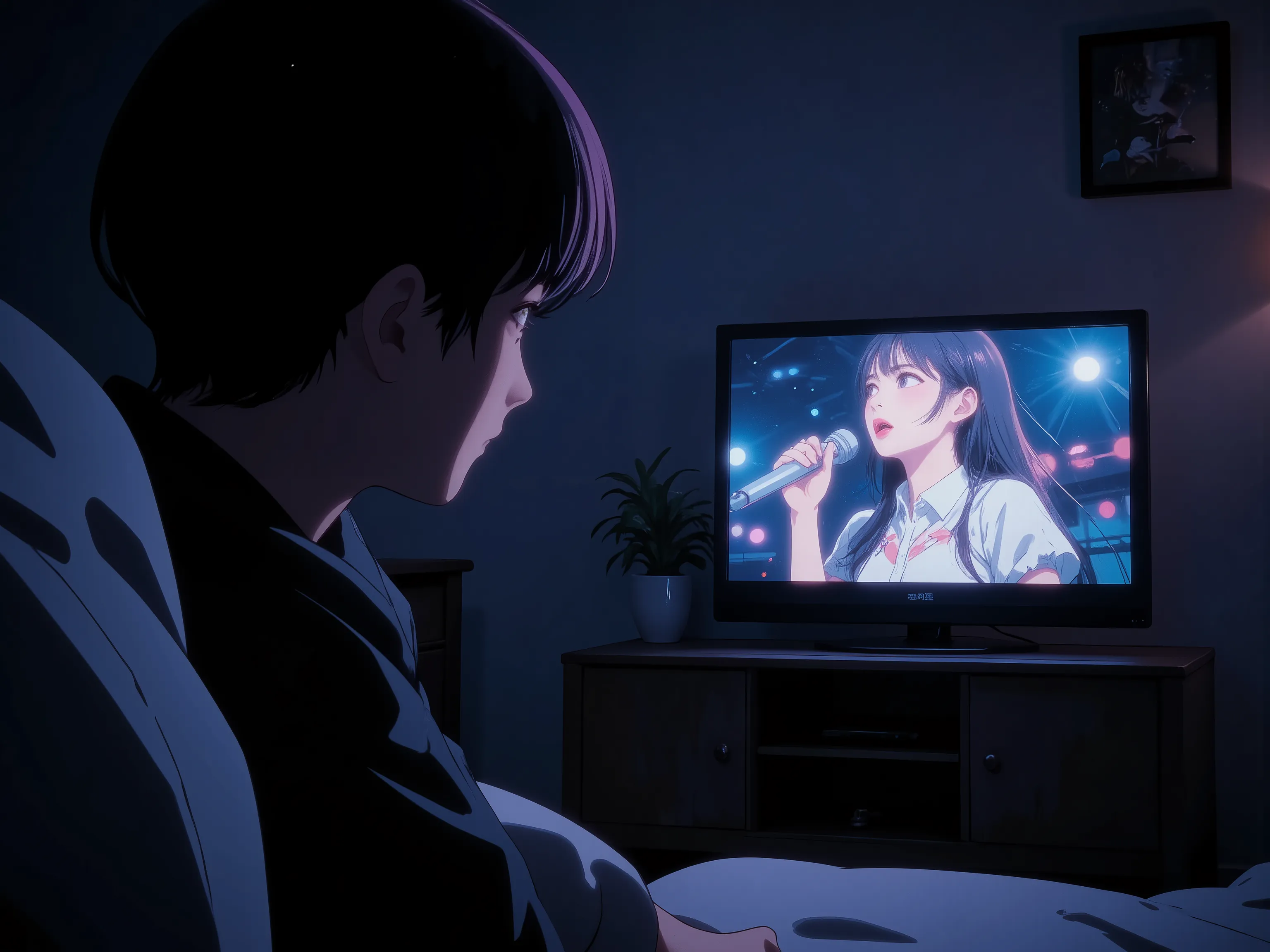 A Young boy’s rear view of a watching TV in a dark living room late at night,(The idol Hoshino ai is shown on the TV,Music Live tv show),from side,dim light , A boy falls in love with an idol Hoshino Ai on the other side of the screen