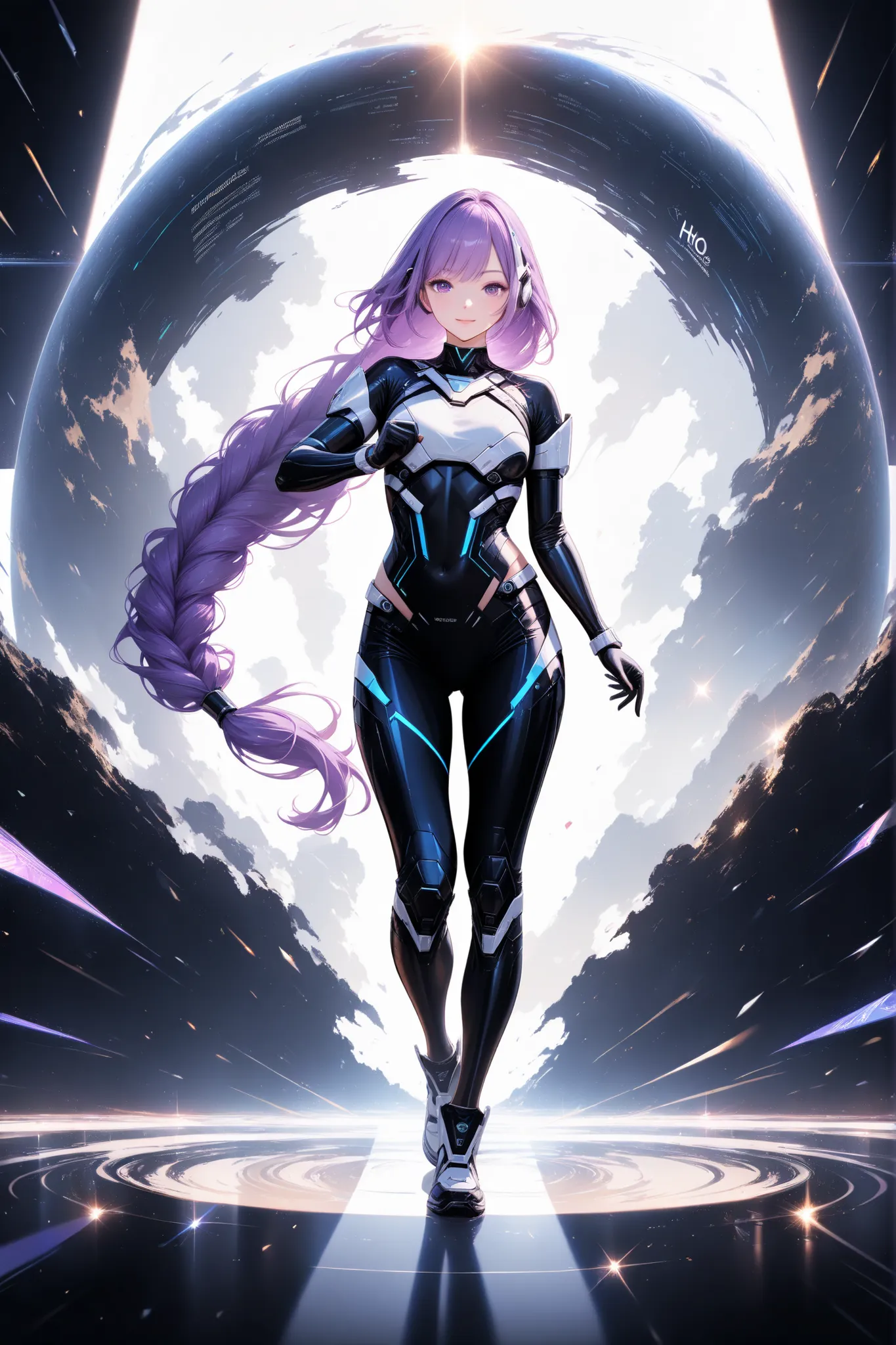 ultra detailed, absolutely resolution, masterpiece, beautiful cyber warrior with a relaxed smile, long braided purple hair, wearing white as the base color cyber ​​warrior full body costume, super high-performance laptop being taken out of her, scatters ma...