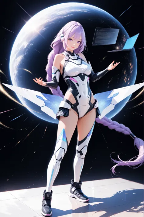 ultra detailed, absolutely resolution, masterpiece, beautiful cyber warrior with a relaxed smile, long braided purple hair, wearing white as the base color cyber ​​warrior full body costume, super high-performance laptop being taken out of her, scatters ma...