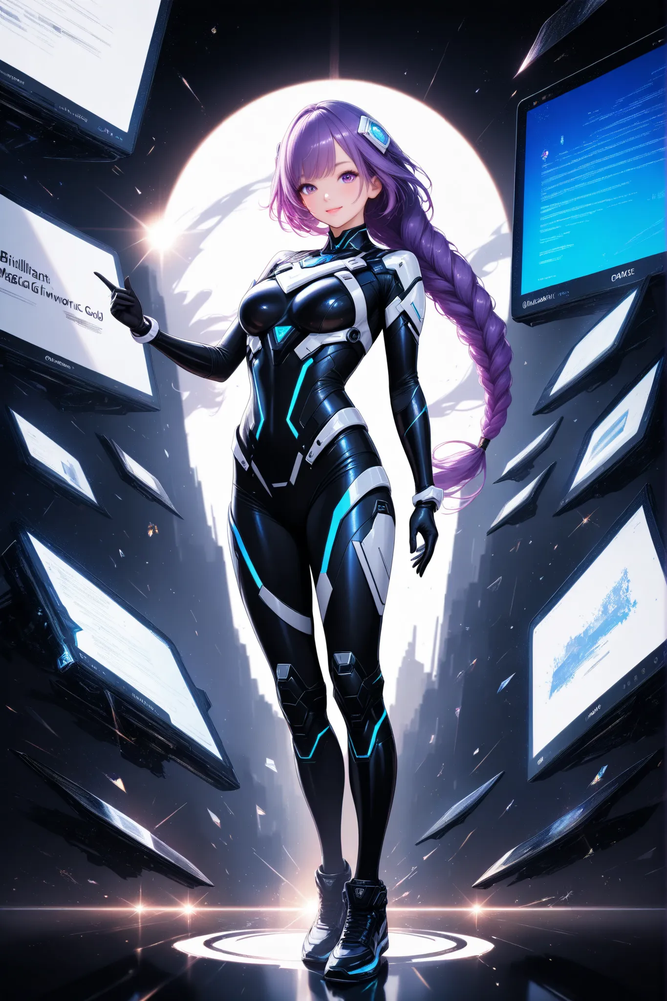 ultra detailed, absolutely resolution, masterpiece, beautiful cyber warrior with a relaxed smile, long braided purple hair, wearing white as the base color cyber warrior full body costume, super high-performance laptop being taken out of her, scatters ma...