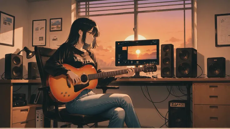 the woman is playing the guitar、sitting in a chair、black hair、high waist jeans、The monitor display and speakers are on the desk、、evening、the sunset comes in through the window