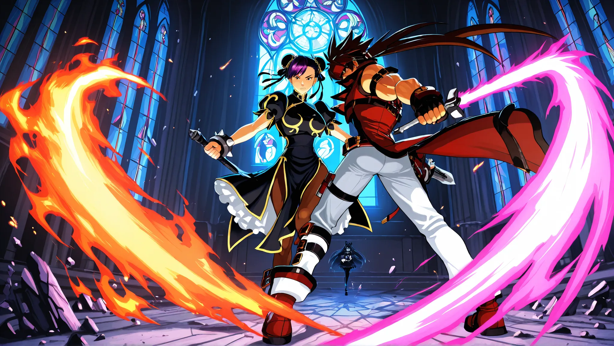 Epic anime-style battle inside a gothic cathedral with shattered stained glass windows. Sol Badguy is on the left, wielding his fire sword in a dramatic pose, flames and energy bursting from his blade. His red coat and headband are flowing, with exaggerat...