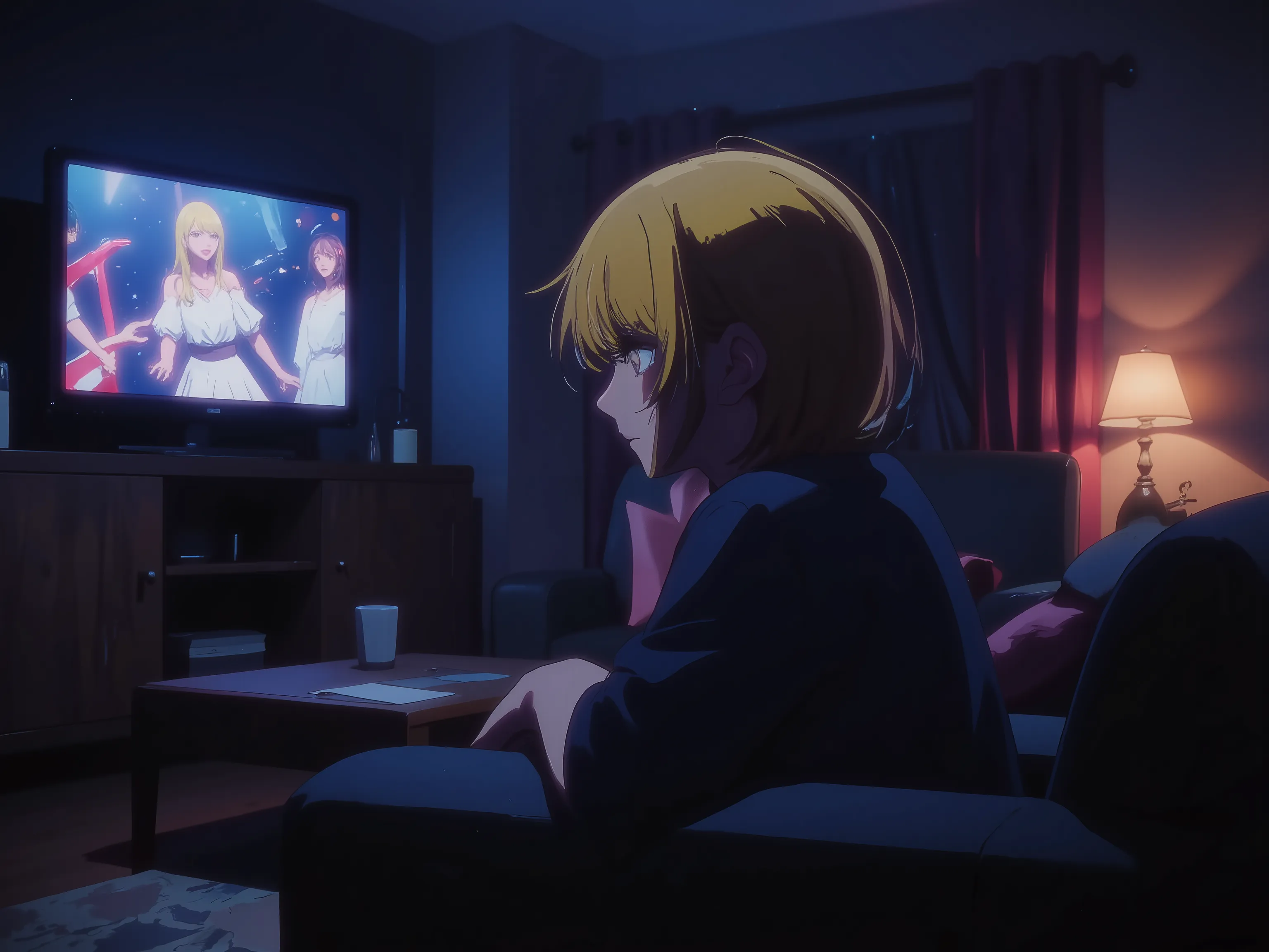 A Young boy’s rear view of a watching TV in a dark living room late at night,(The idol Hoshino ai is shown on the TV,Music Live tv show),from side,dim light , A boy falls in love with an idol Hoshino Ai on the other side of the screen,the boy has yellow h...