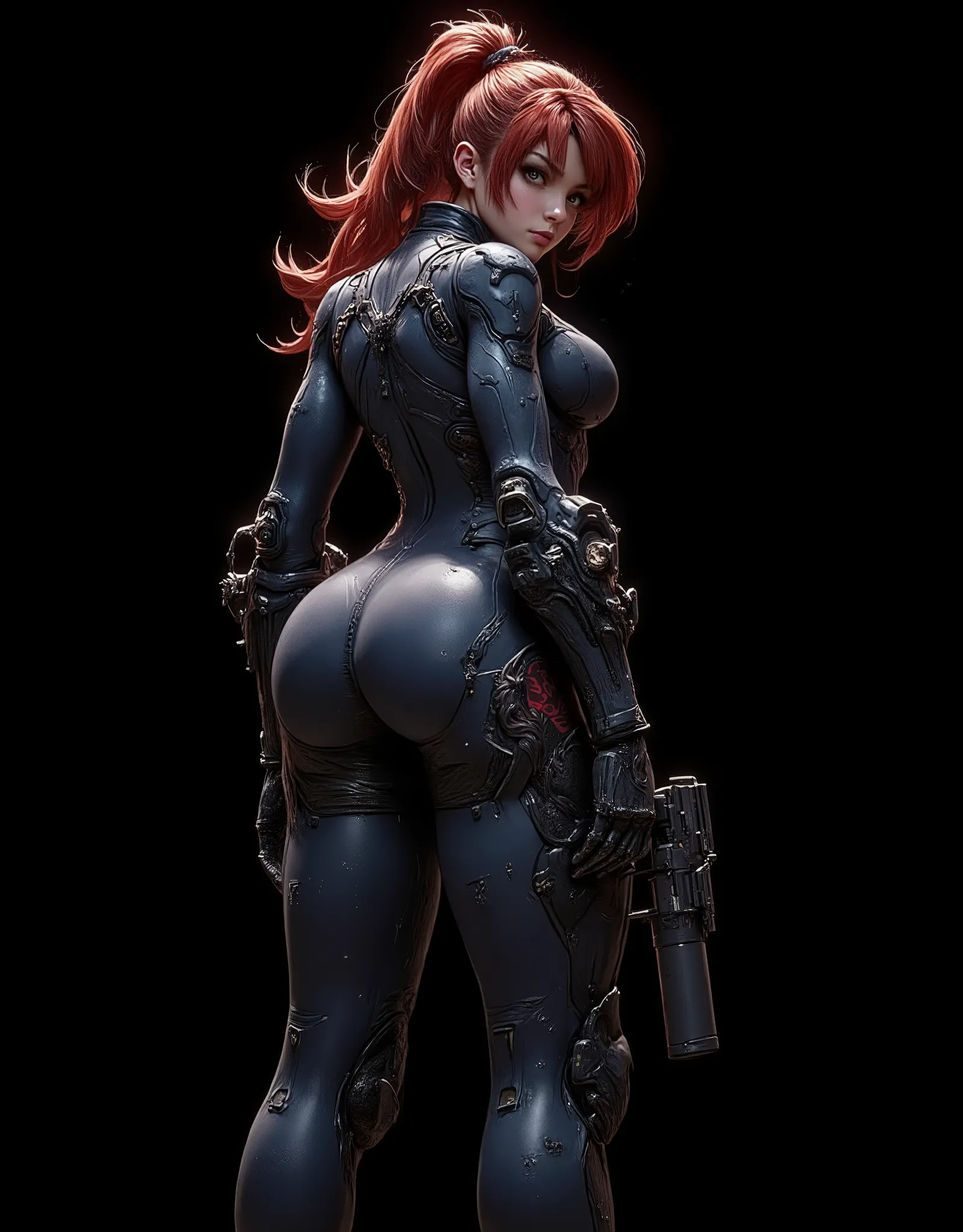 Full back shot of a 20 year old woman, high quality, 4k, she is a futuristic warrior, very pretty, redhead with abundant hair and a ponytail that reaches her waist, her wavy hair falls over her small breasts. Tiny chest, very small chest, bangs, very detai...