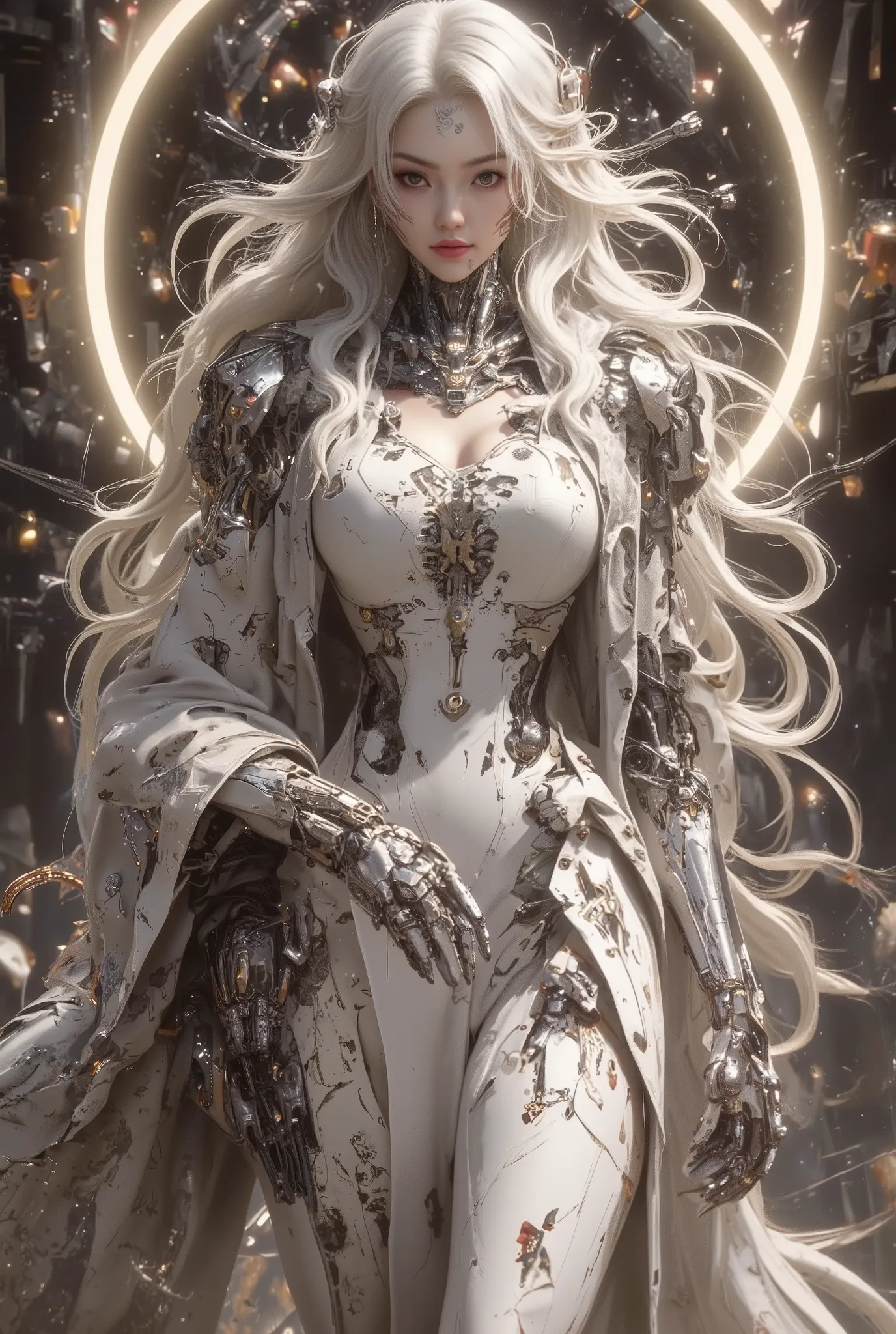 masterpiece, High Resolution , HD model , High detail, High Quality , Very Detailed , 3D Rendering, woman, Chinese style, long white hair, Computer traitor , Vintage Clothing , HD , Mecha, whole body,