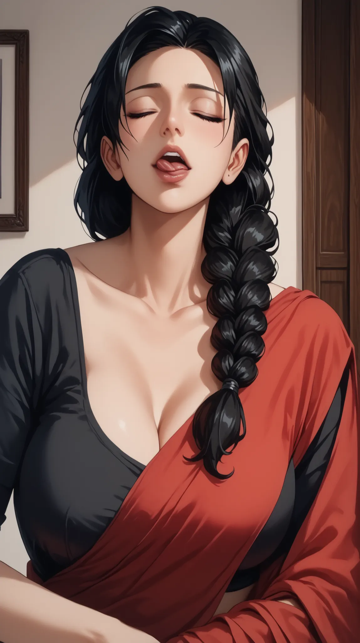  A mature woman in ((Black Hair)), ((Braid)), breasts, Eyes, Anime Style, in red saree with matching blouse  ,((front view))1girl,Parted Lips, Tongue, Closed Eyes, Long hair and more 