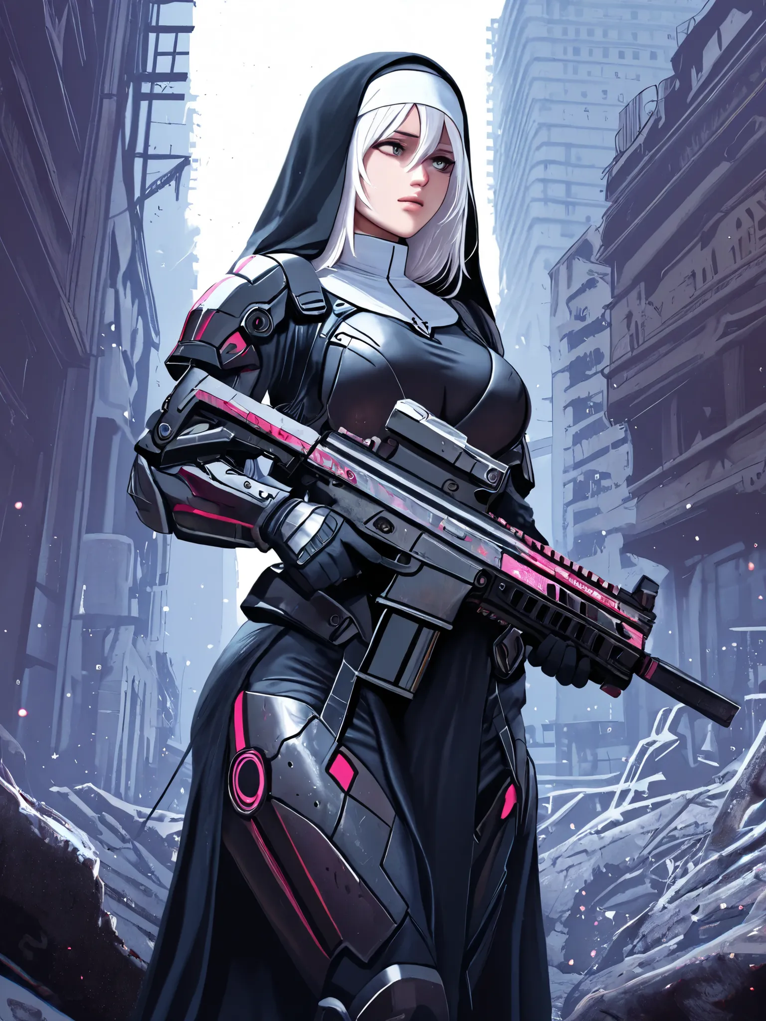 1girl, focused face, veil on her head, nun's clothes, tight-fitting suit,
black robe, white collar and a matching white coif, armored sci-fi elements on body, holding weapon, holding ranged weapon, ((assault riffle in hands)), finger on trigger, looking...